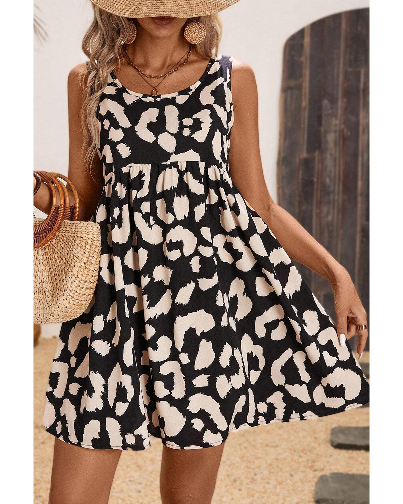 Black Leopard Print U Neck Sleeveless High Waist Dress - M 4
