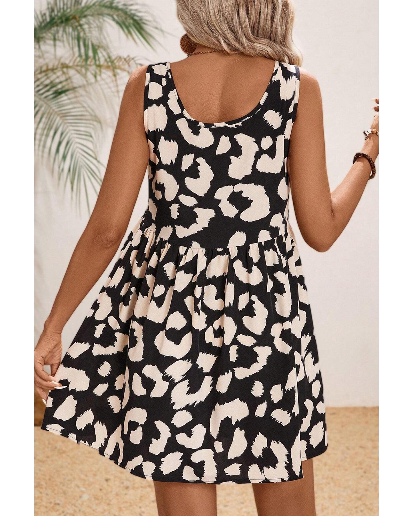 Black Leopard Print U Neck Sleeveless High Waist Dress - S