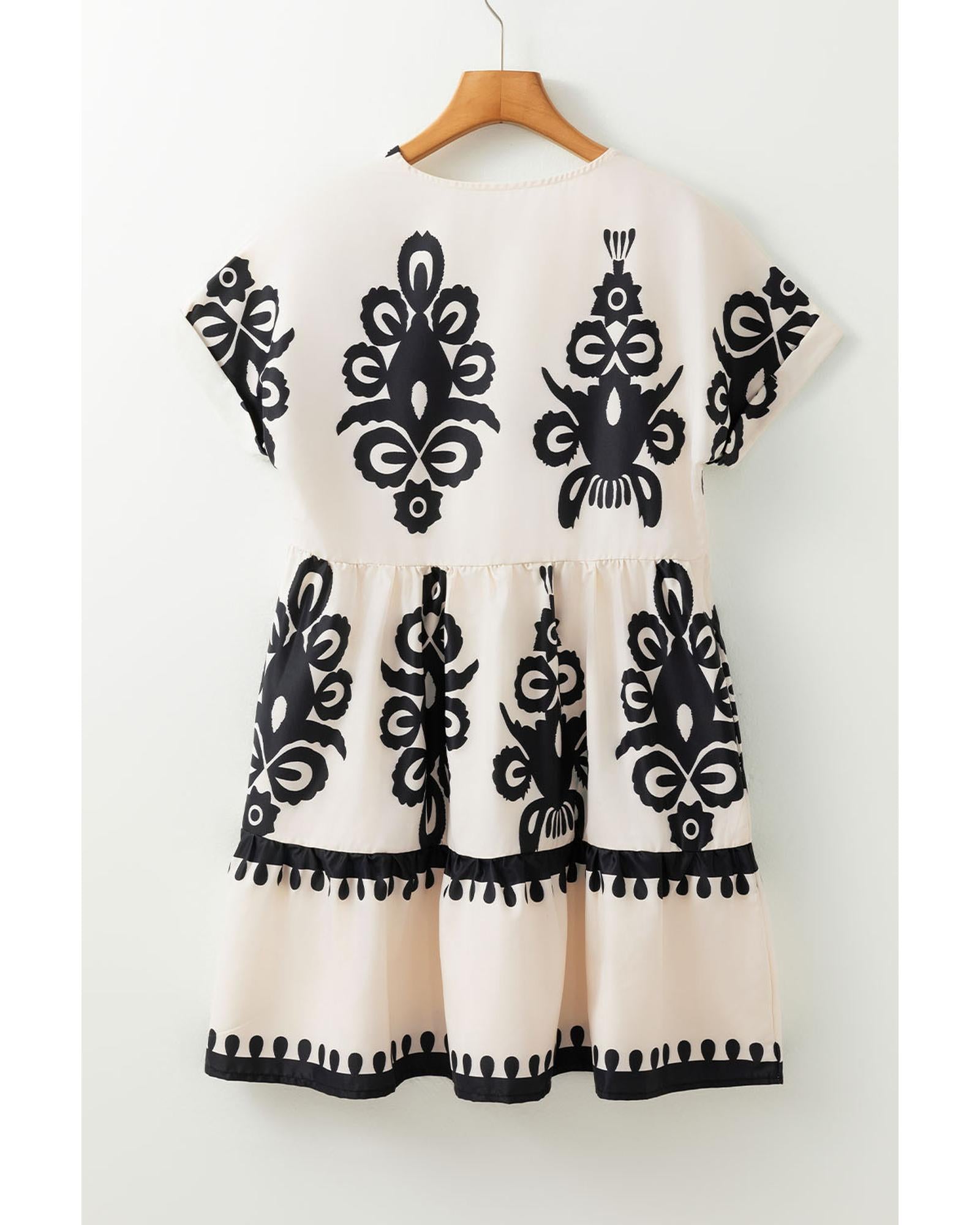 Black Vintage Print V Neck High Waist Short Sleeve Dress - L 8