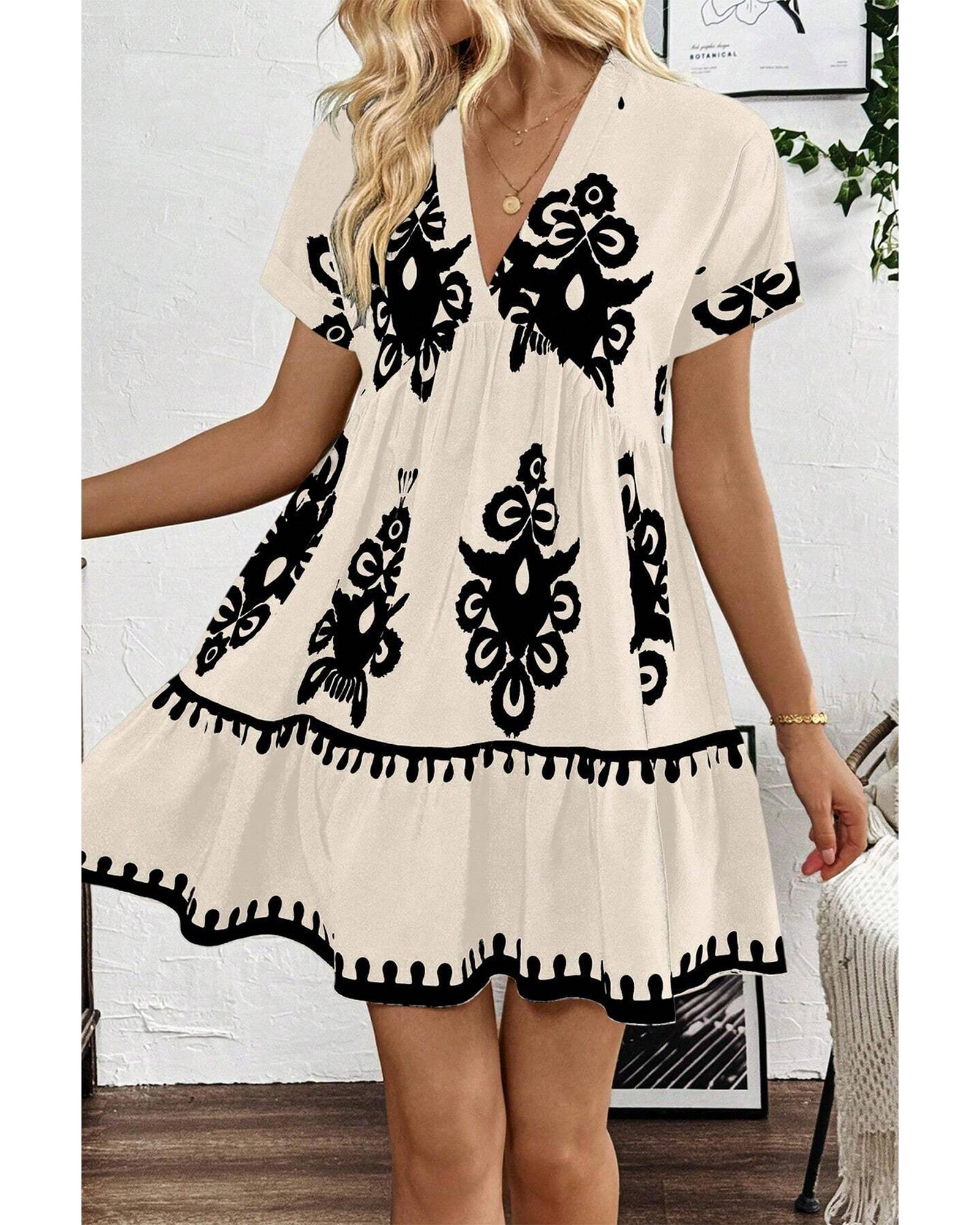Black Vintage Print V Neck High Waist Short Sleeve Dress - M 4