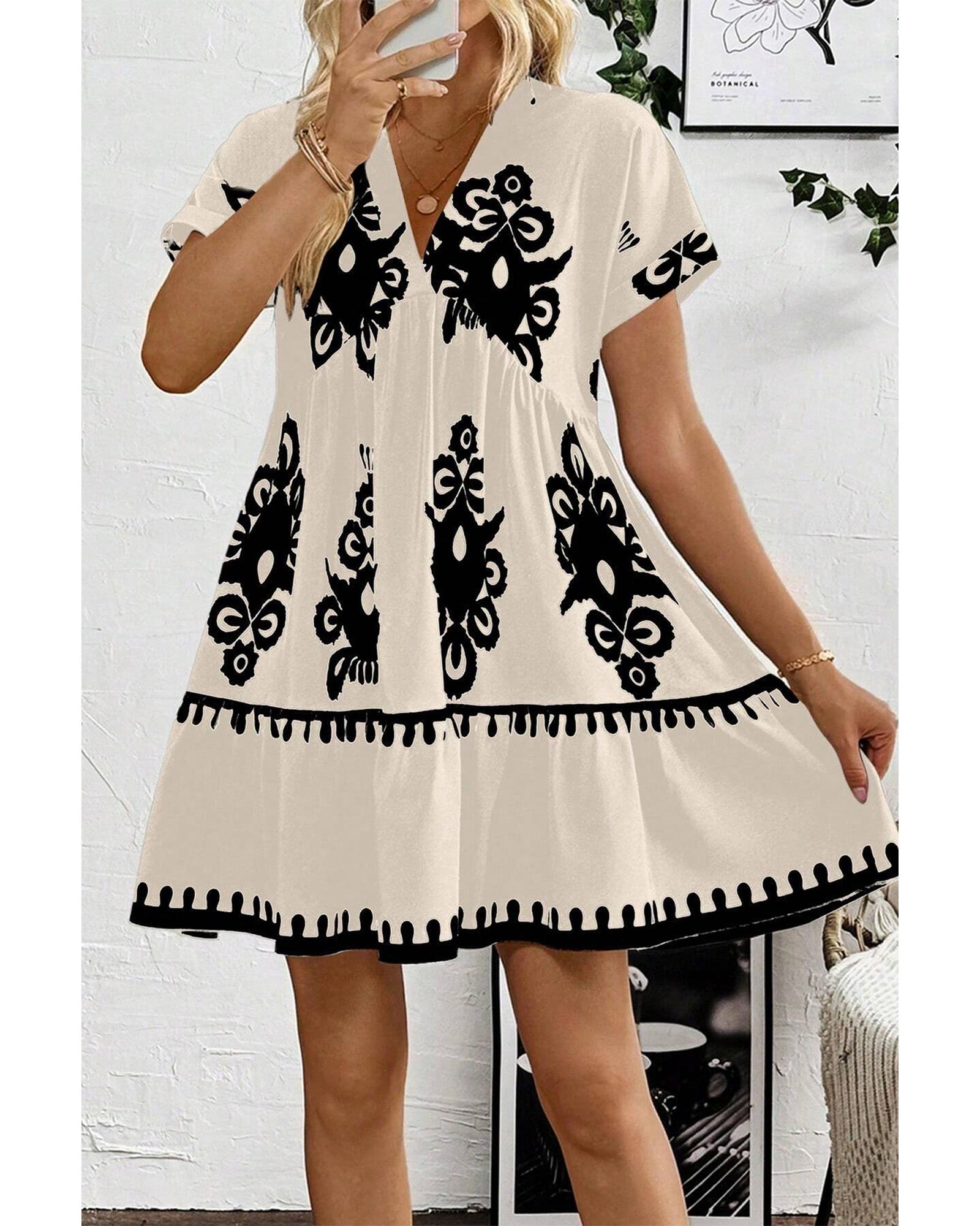 Black Vintage Print V Neck High Waist Short Sleeve Dress - M 5