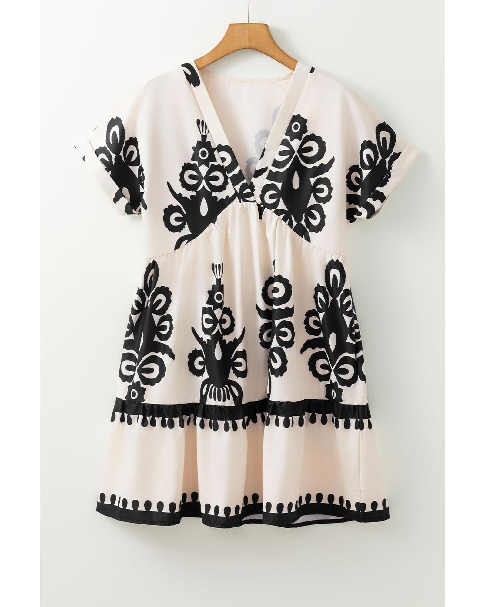 Black Vintage Print V Neck High Waist Short Sleeve Dress - M 7