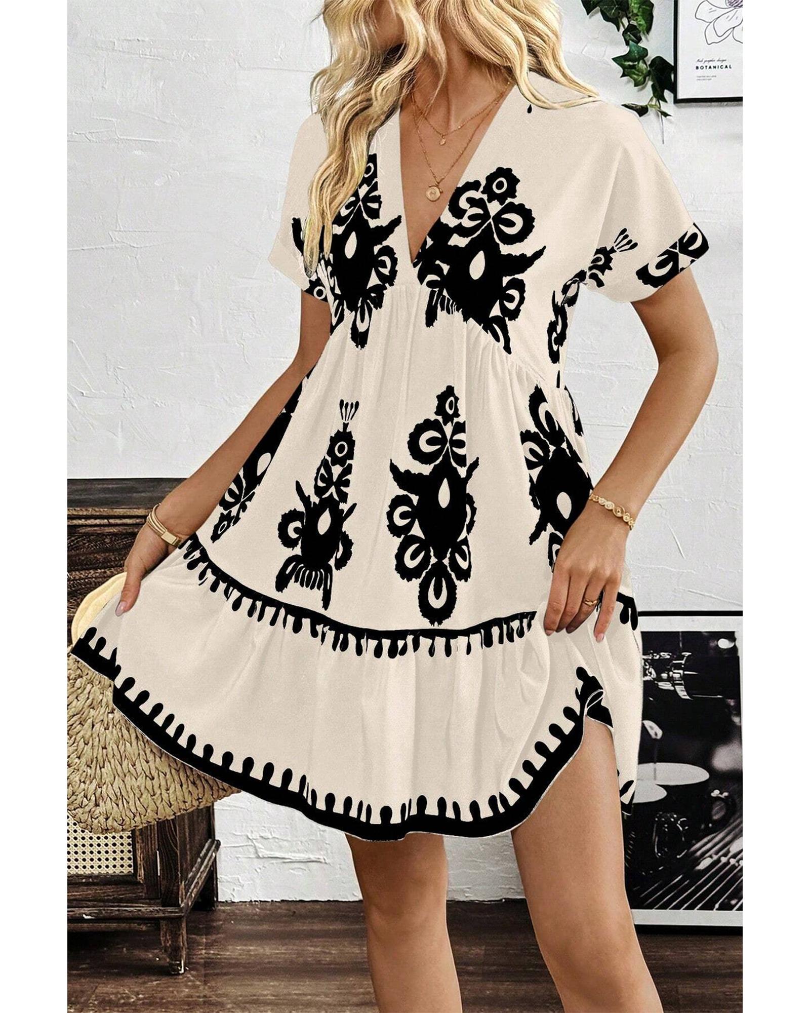 Black Vintage Print V Neck High Waist Short Sleeve Dress - S 3