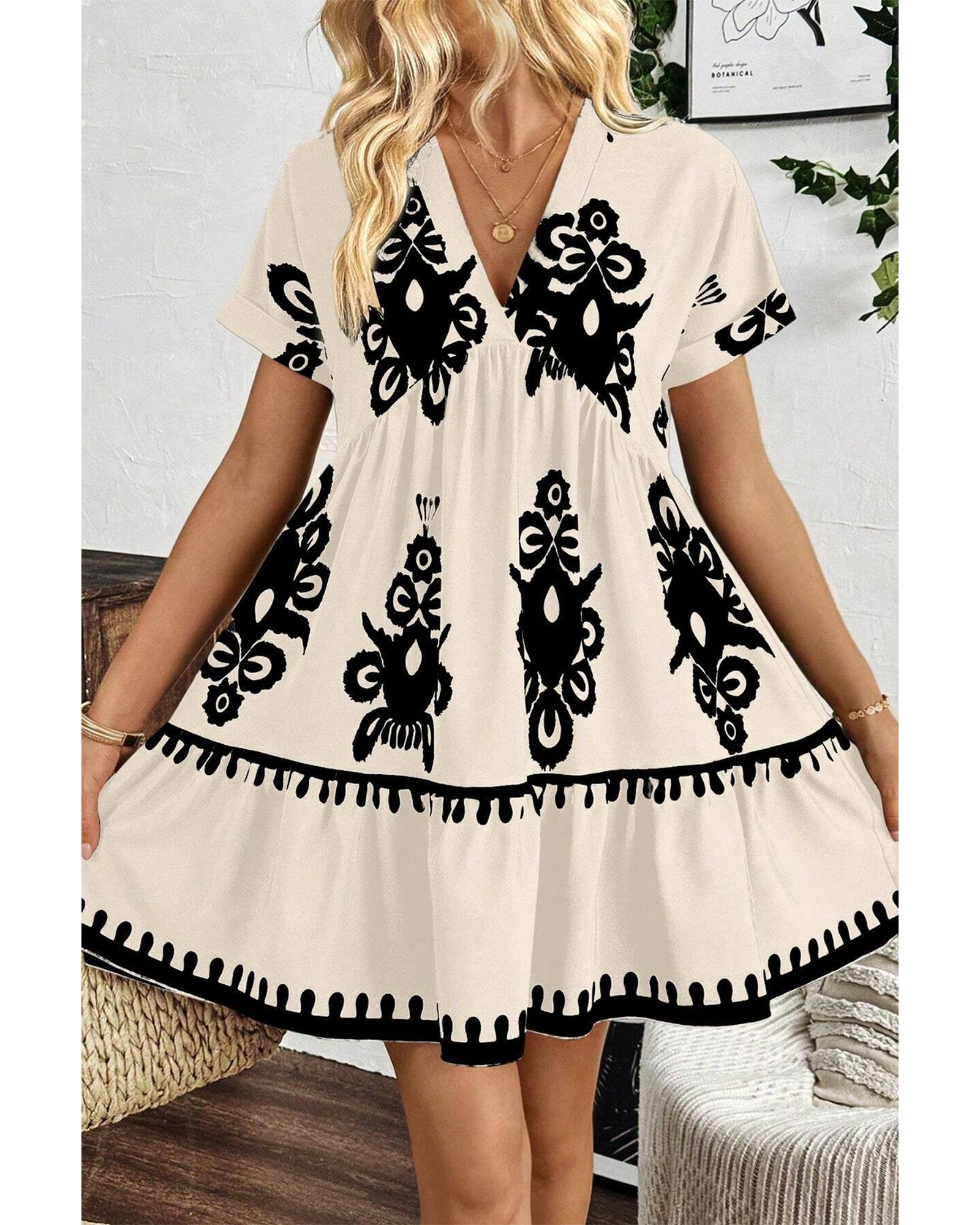Black Vintage Print V Neck High Waist Short Sleeve Dress - XL 6