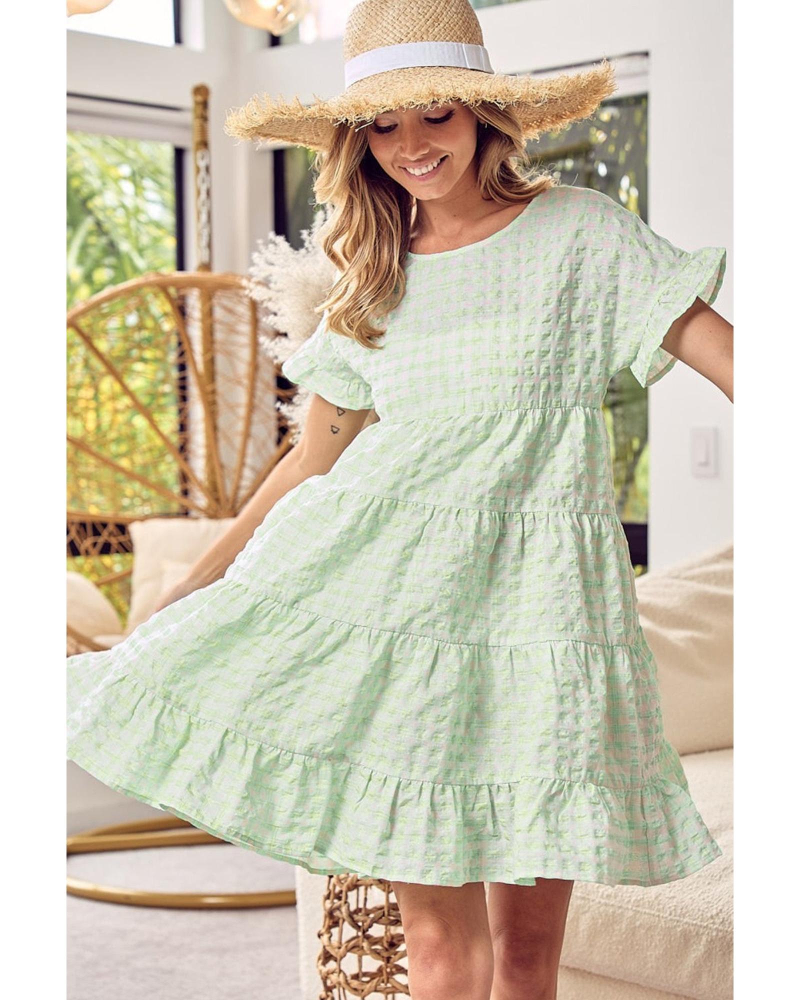 Green Stripe Textured Tiered Short Sleeve Loose Mini Dress - L 3