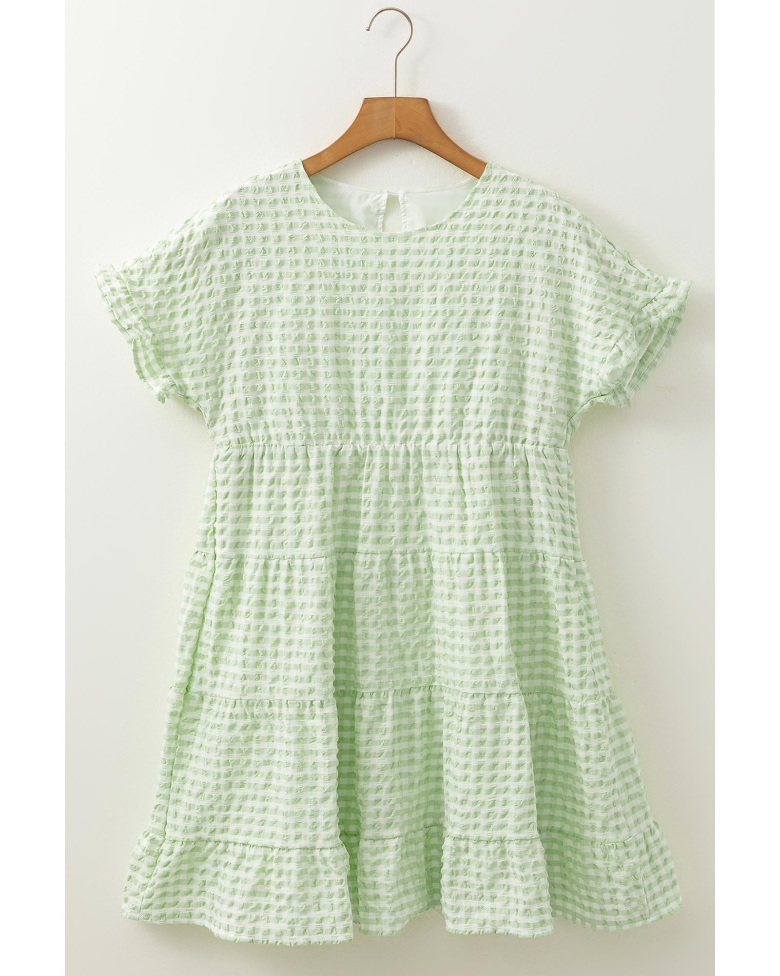 Green Stripe Textured Tiered Short Sleeve Loose Mini Dress - L 5