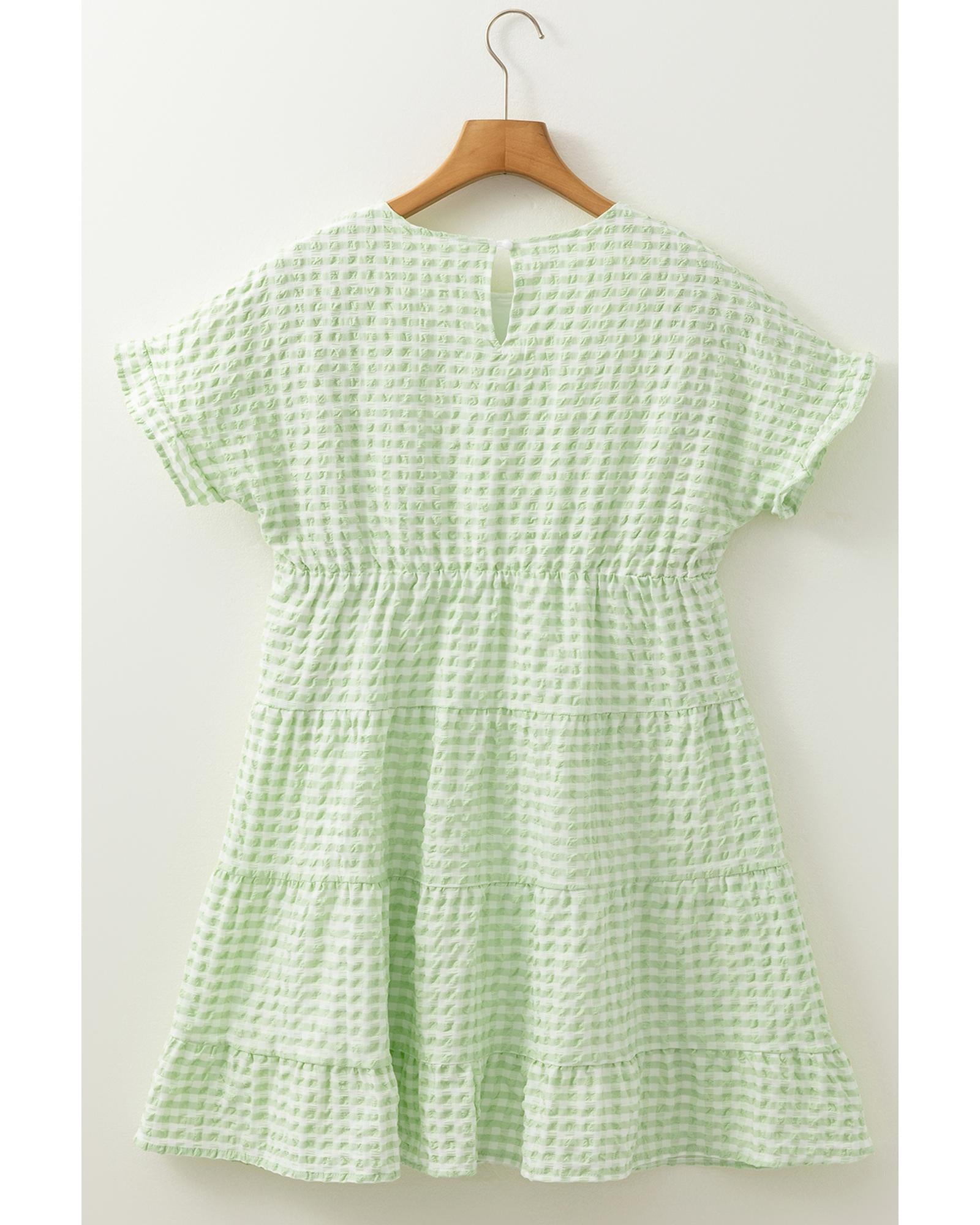 Green Stripe Textured Tiered Short Sleeve Loose Mini Dress - L 6
