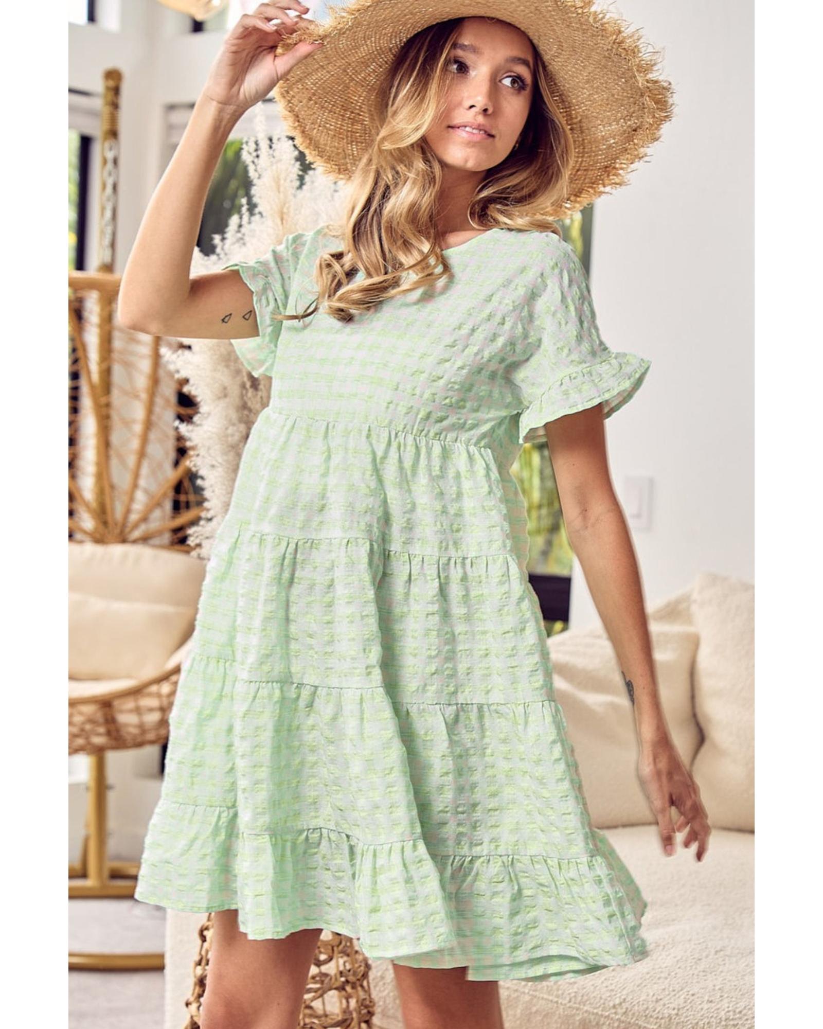 Green Stripe Textured Tiered Short Sleeve Loose Mini Dress - XL