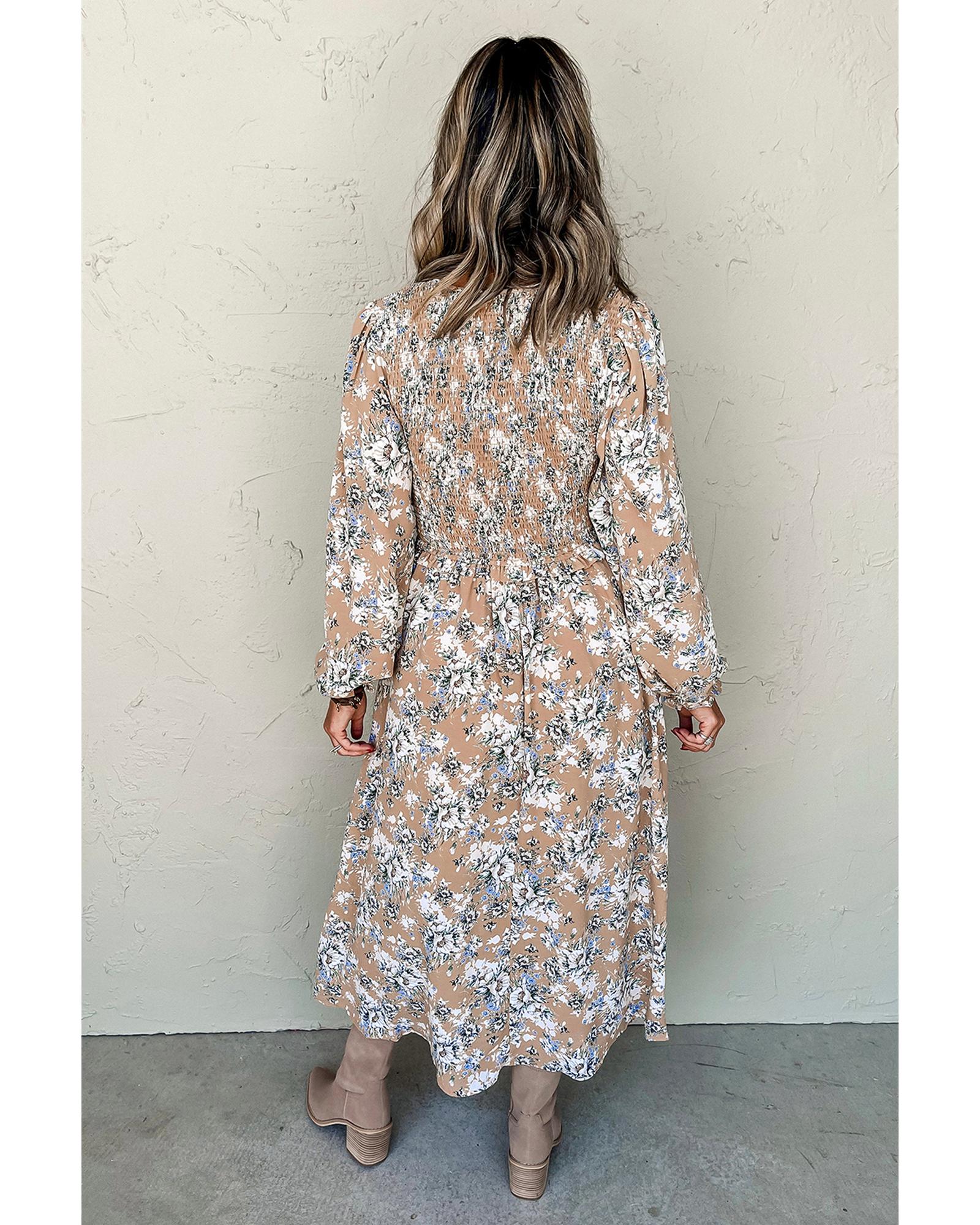 Khaki Maple Grove Floral Smocked Puff Sleeve Long Dress - L