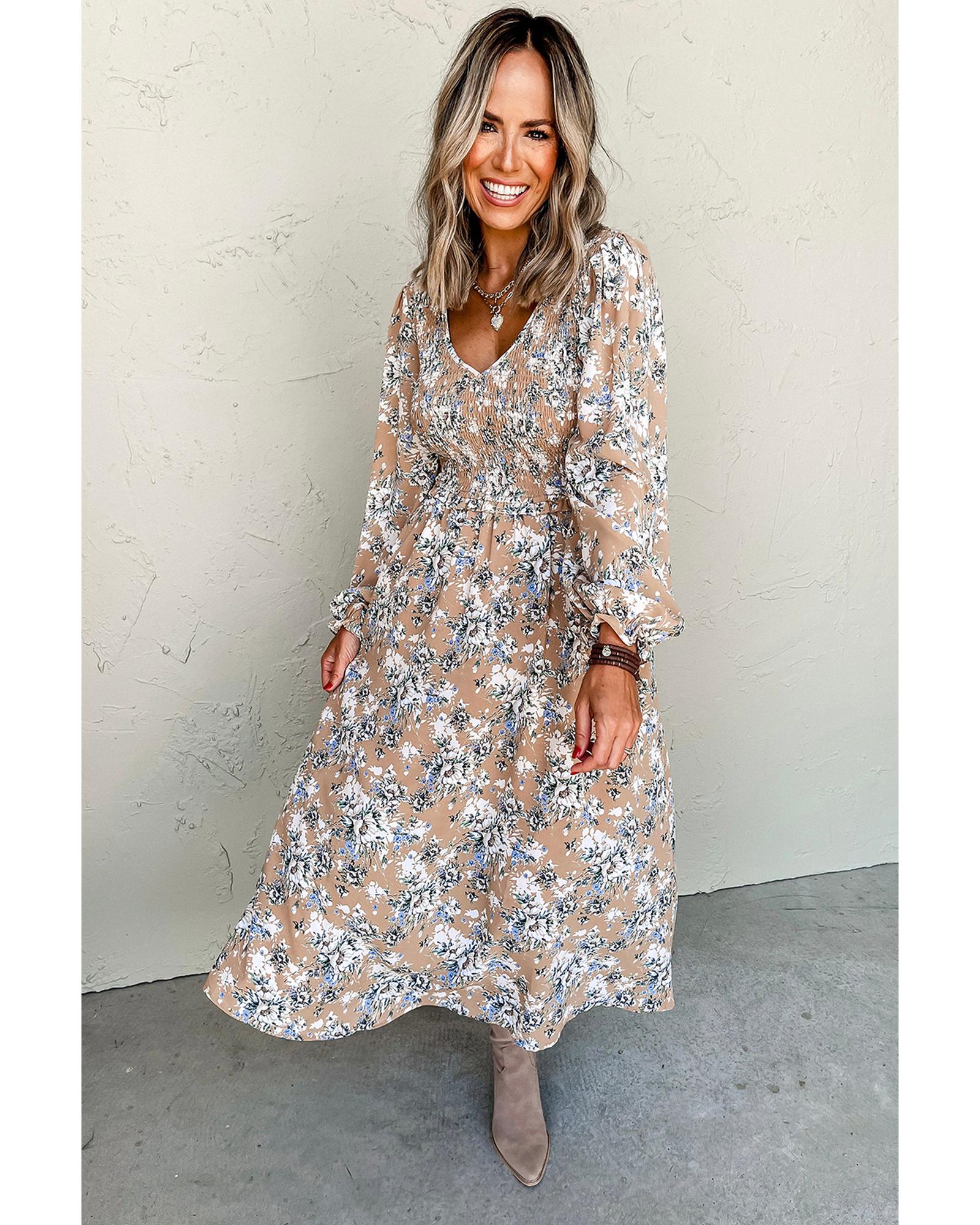 Khaki Maple Grove Floral Smocked Puff Sleeve Long Dress - L 3