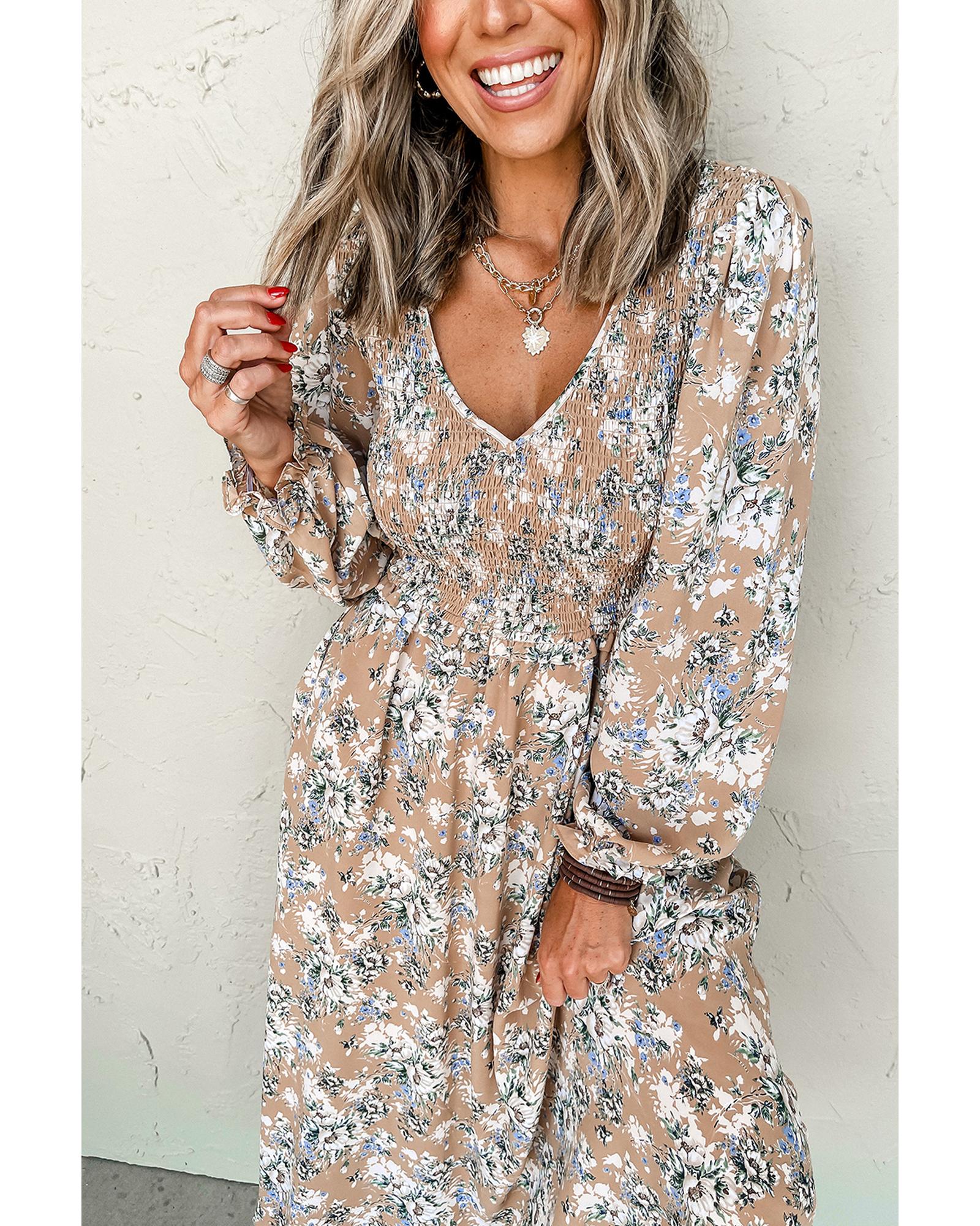 Khaki Maple Grove Floral Smocked Puff Sleeve Long Dress - L 4