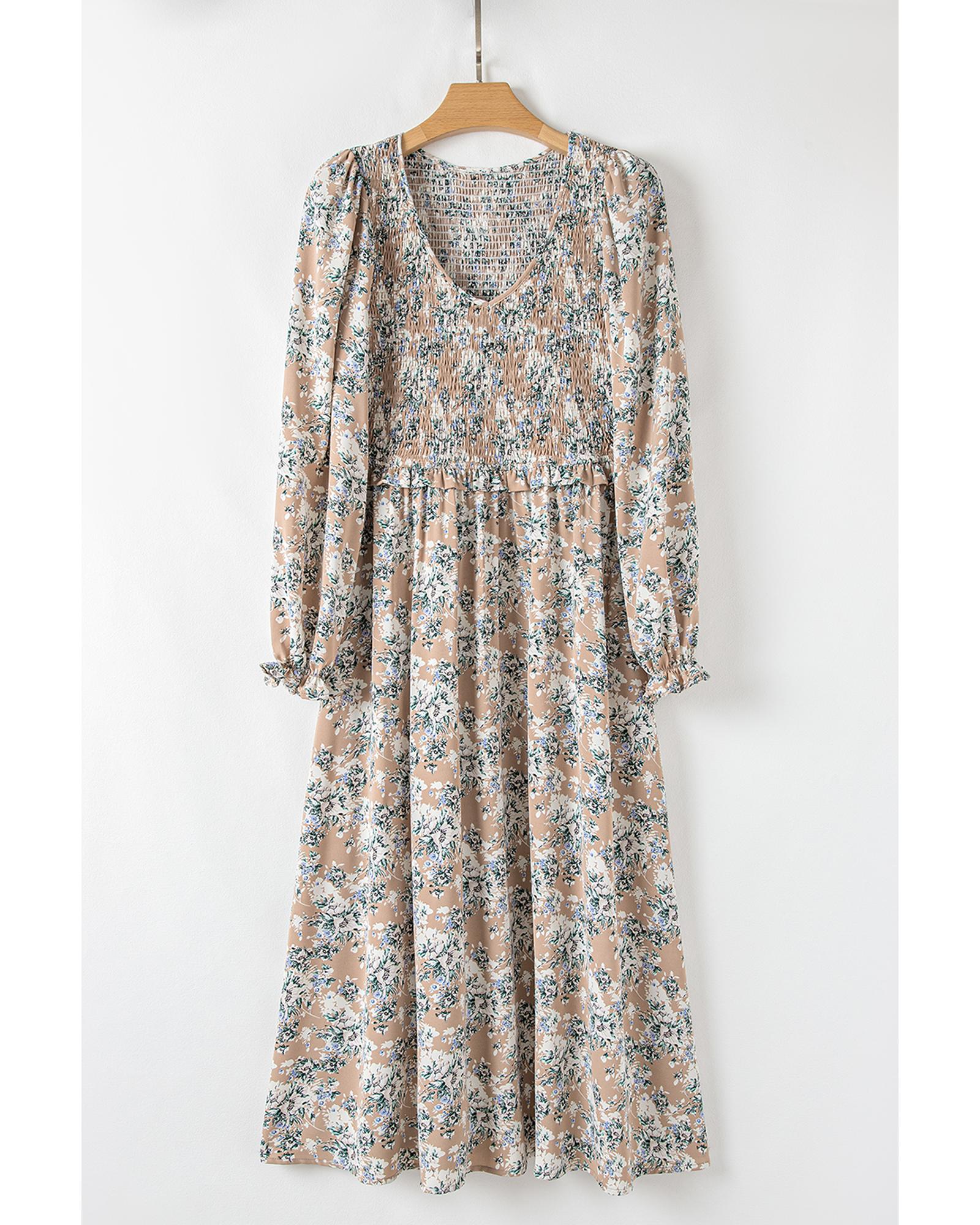 Khaki Maple Grove Floral Smocked Puff Sleeve Long Dress - L 8