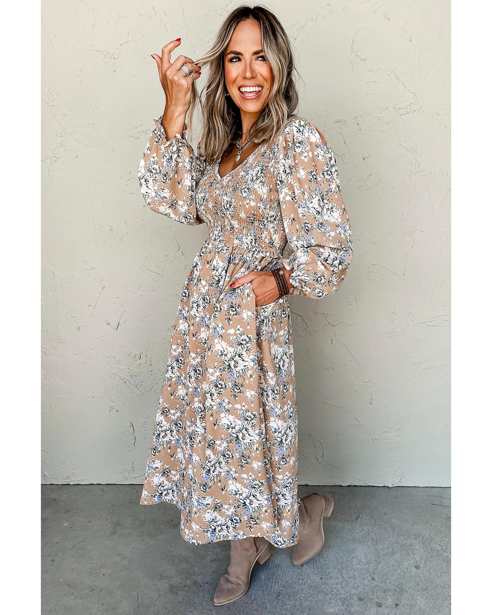 Khaki Maple Grove Floral Smocked Puff Sleeve Long Dress - M