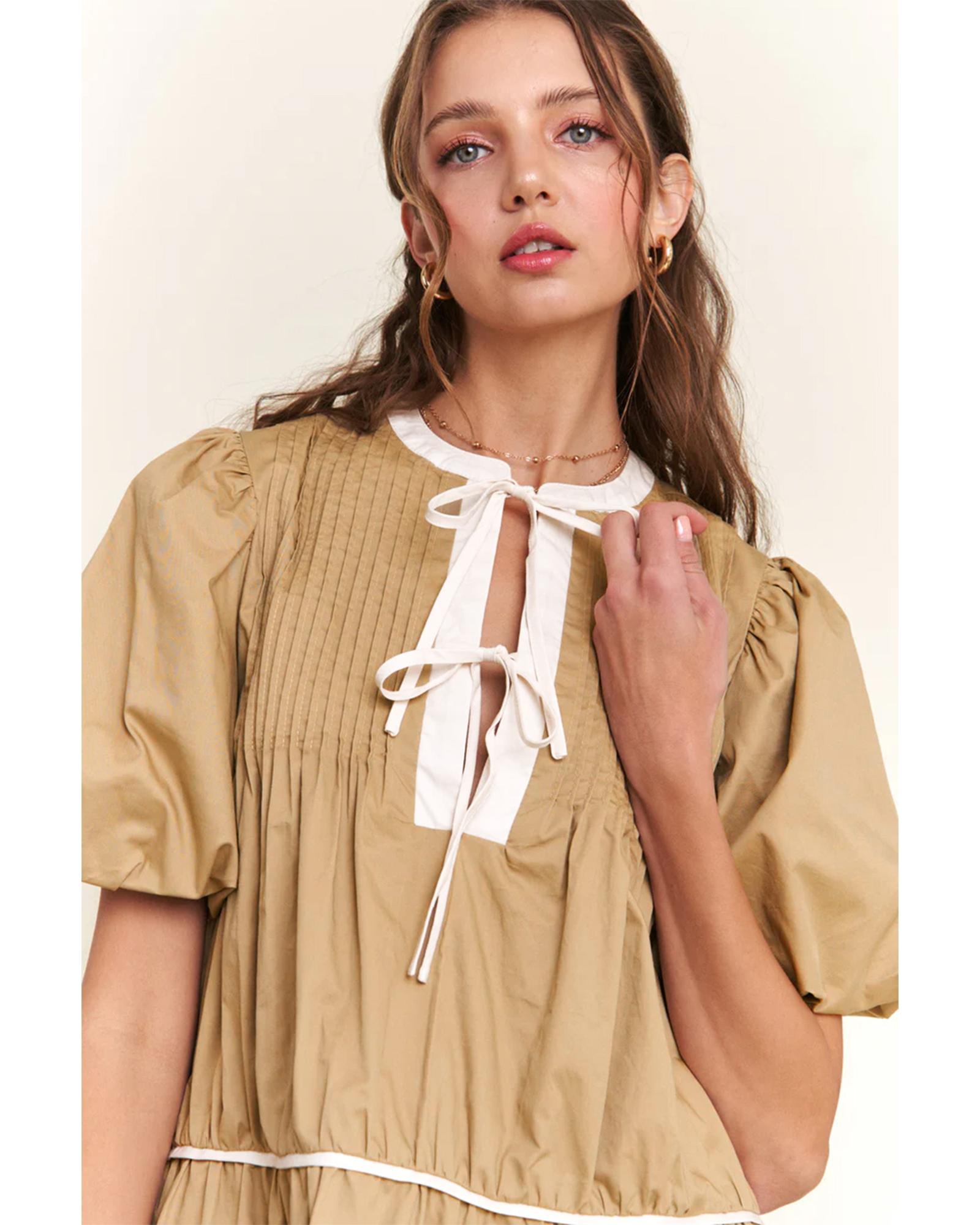 Pale Khaki Contrast Trim Pintuck Puff Sleeve Tied Neck Short Dress - L 4