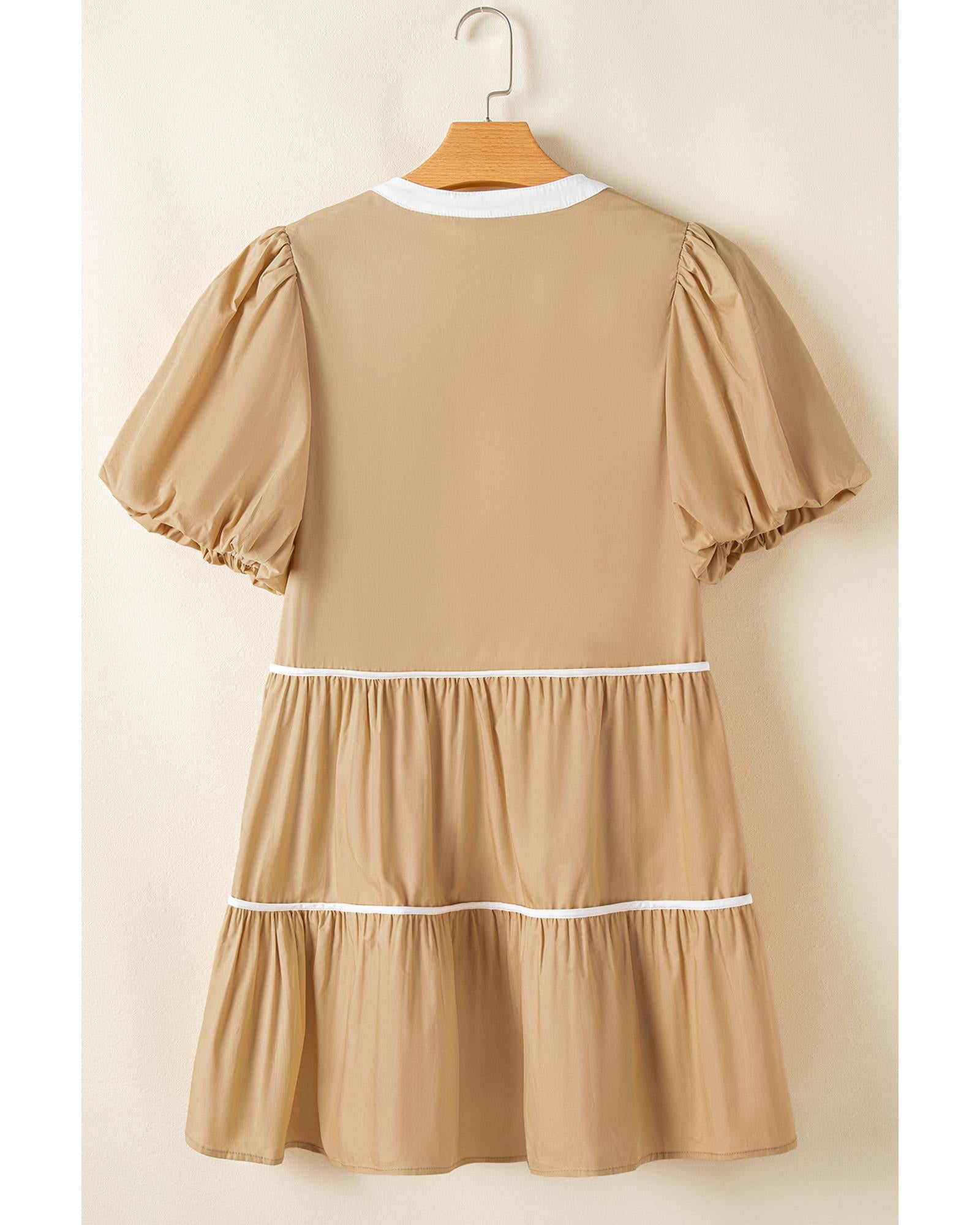 Pale Khaki Contrast Trim Pintuck Puff Sleeve Tied Neck Short Dress - L 6