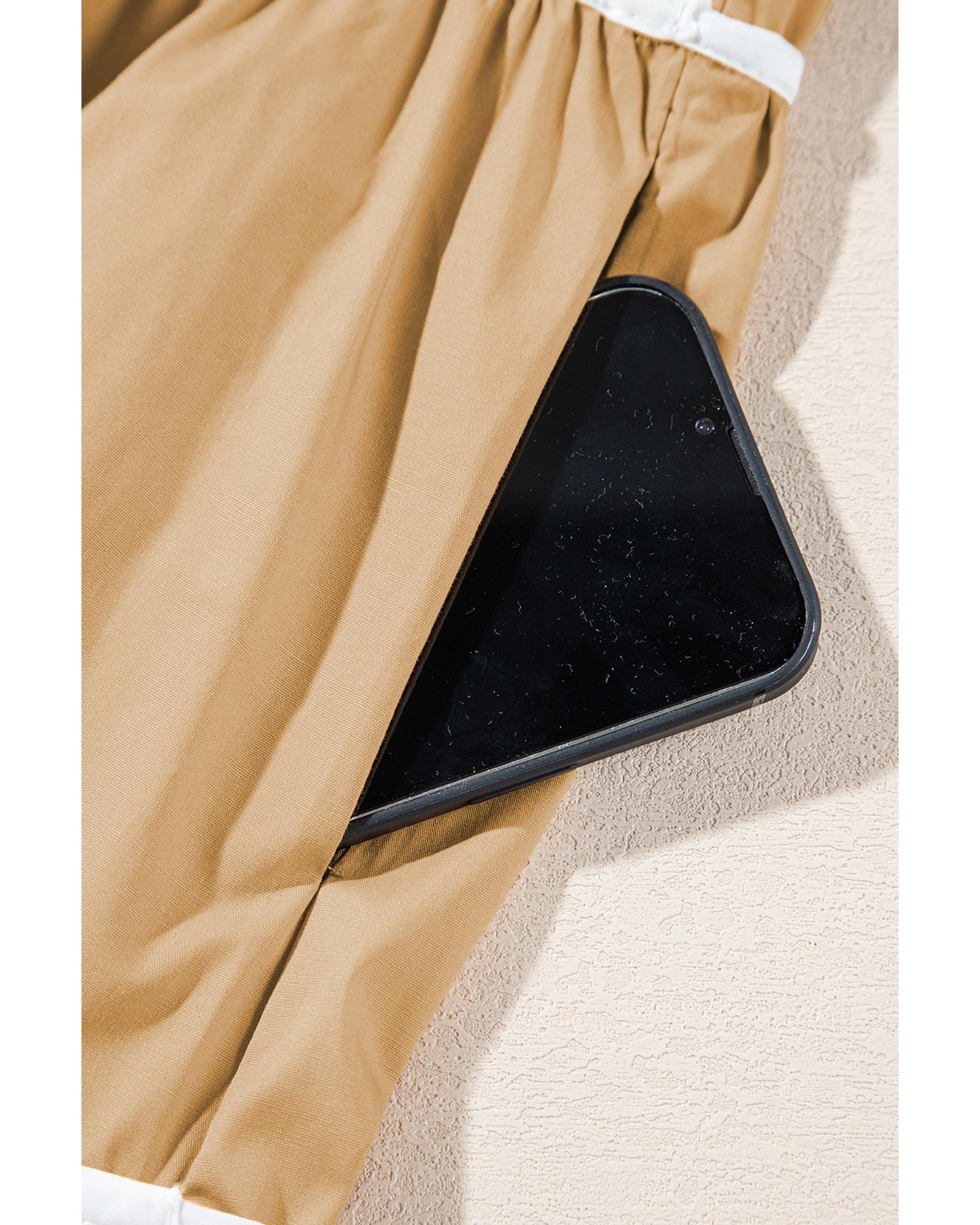 Pale Khaki Contrast Trim Pintuck Puff Sleeve Tied Neck Short Dress - L 7