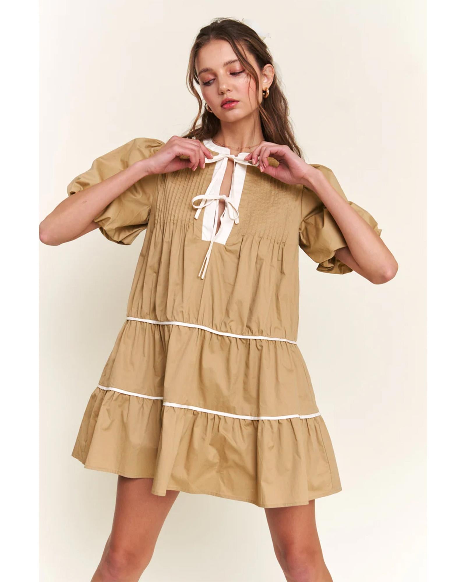 Pale Khaki Contrast Trim Pintuck Puff Sleeve Tied Neck Short Dress - M