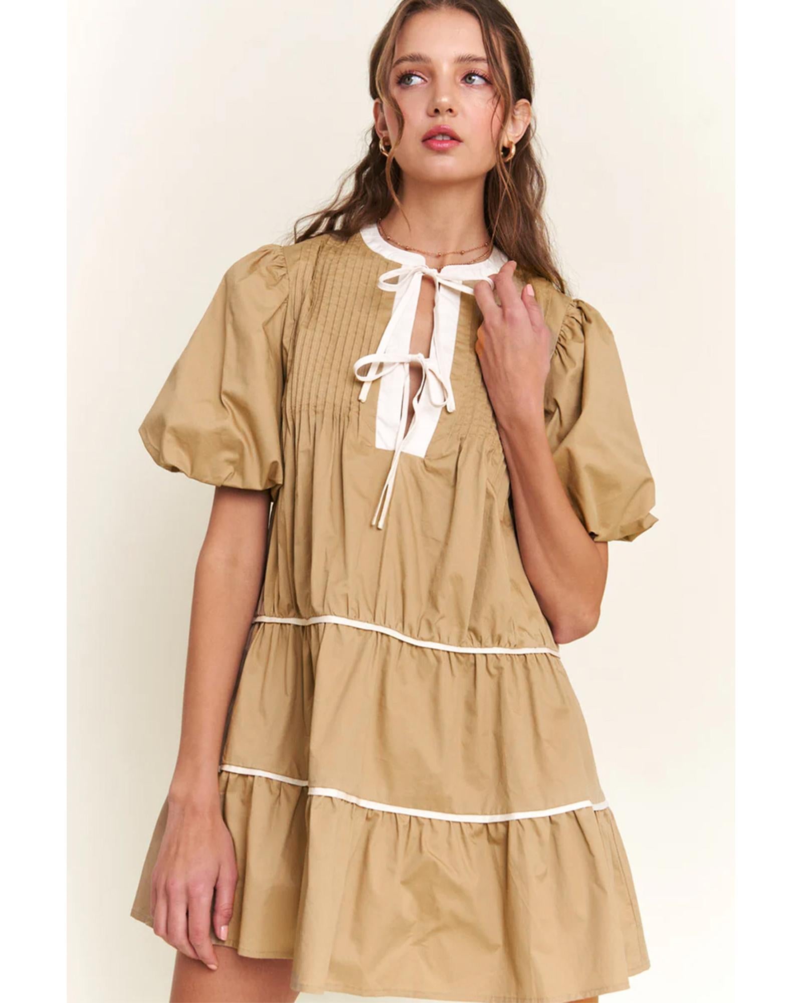 Pale Khaki Contrast Trim Pintuck Puff Sleeve Tied Neck Short Dress - M 3
