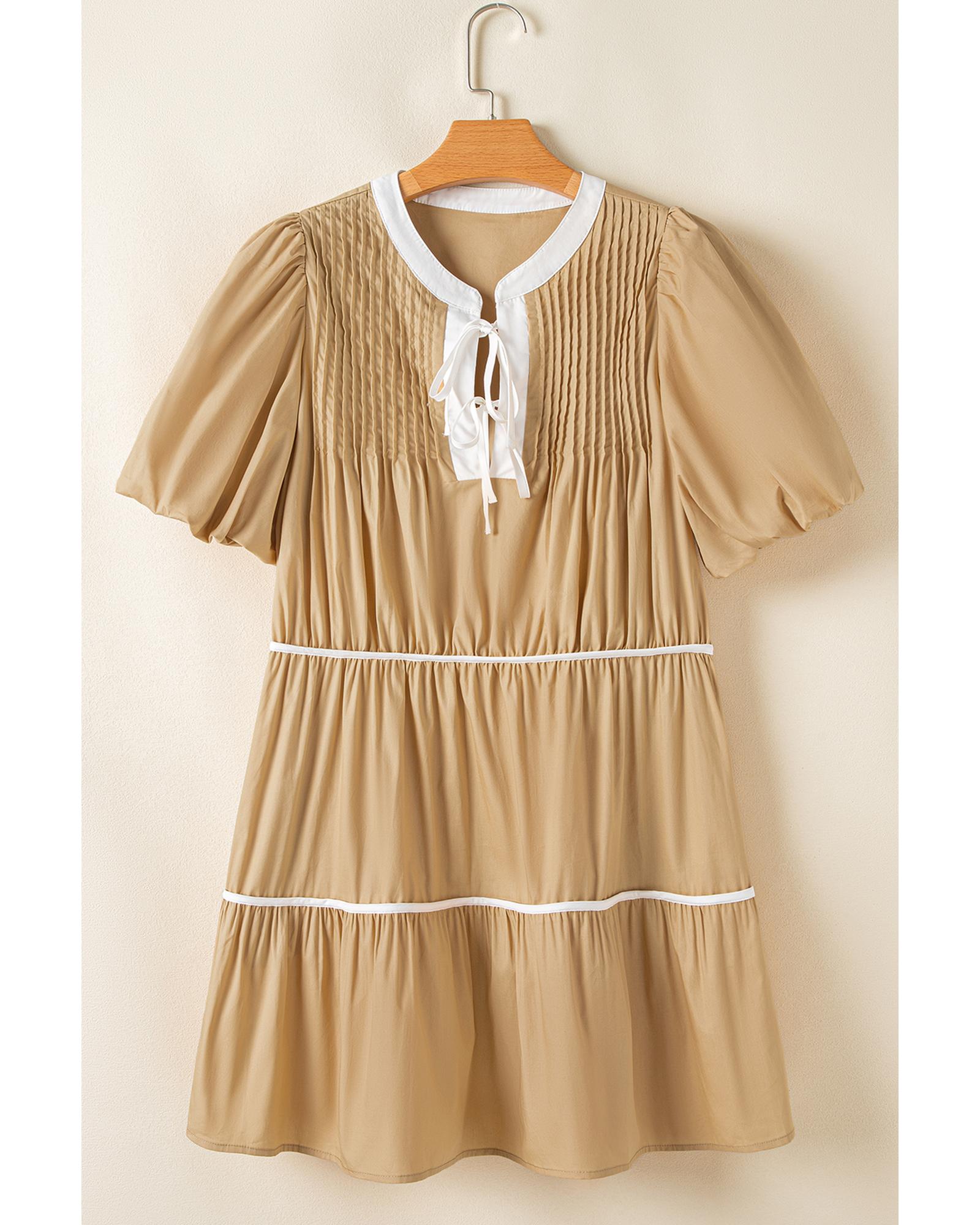 Pale Khaki Contrast Trim Pintuck Puff Sleeve Tied Neck Short Dress - S 5