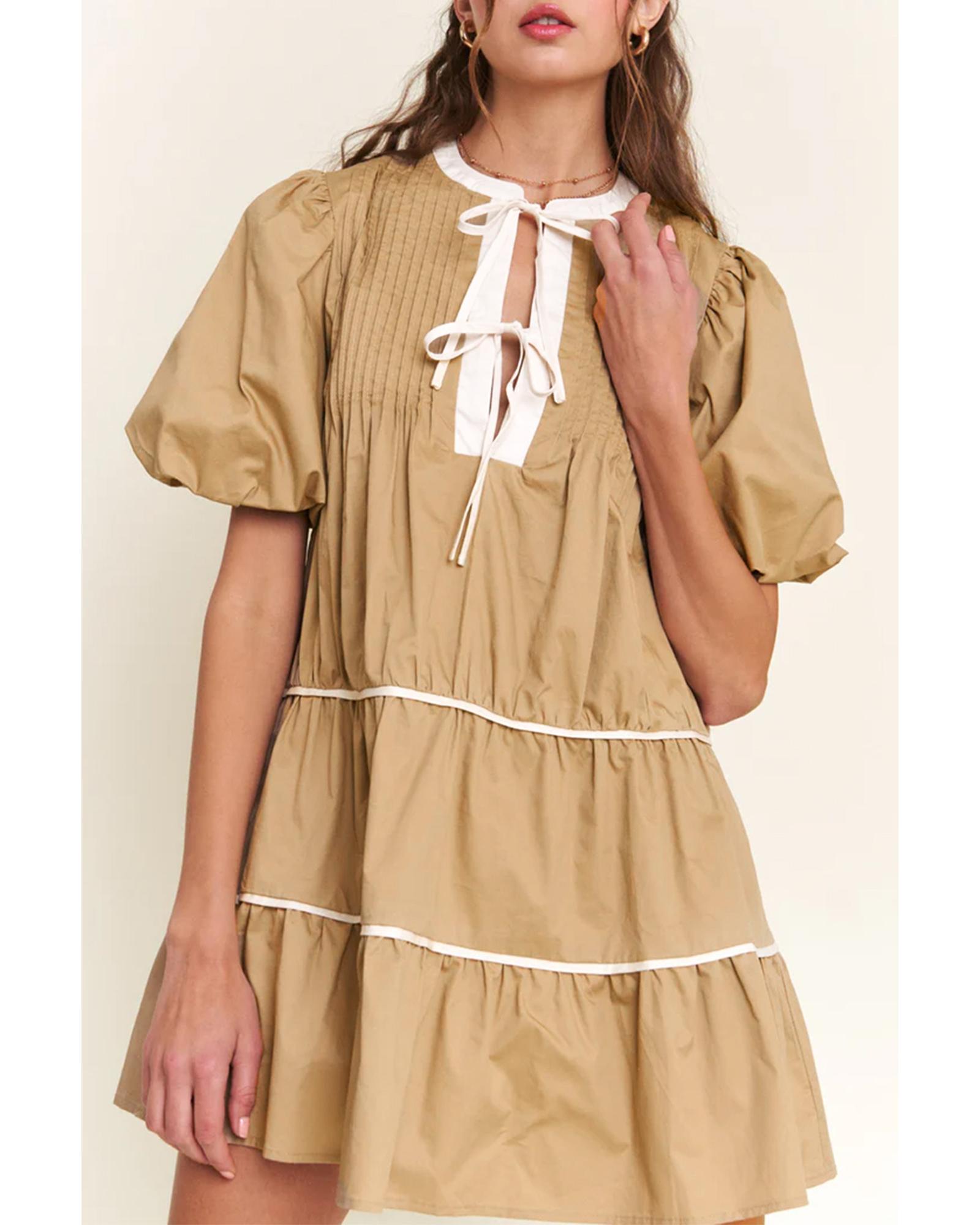 Pale Khaki Contrast Trim Pintuck Puff Sleeve Tied Neck Short Dress - XL