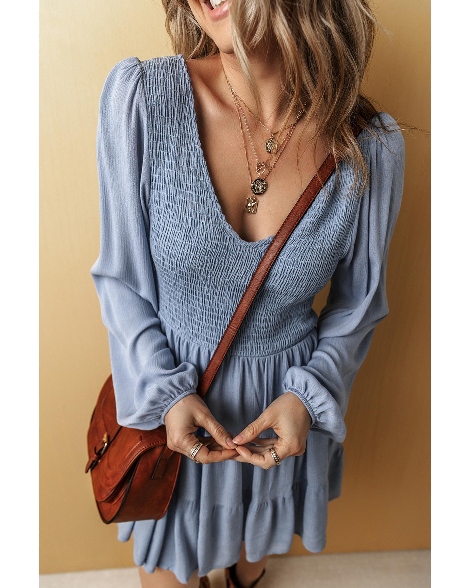 Ashleigh Blue Long Sleeve V Neck Smocked Tiered Mini Dress - L 3
