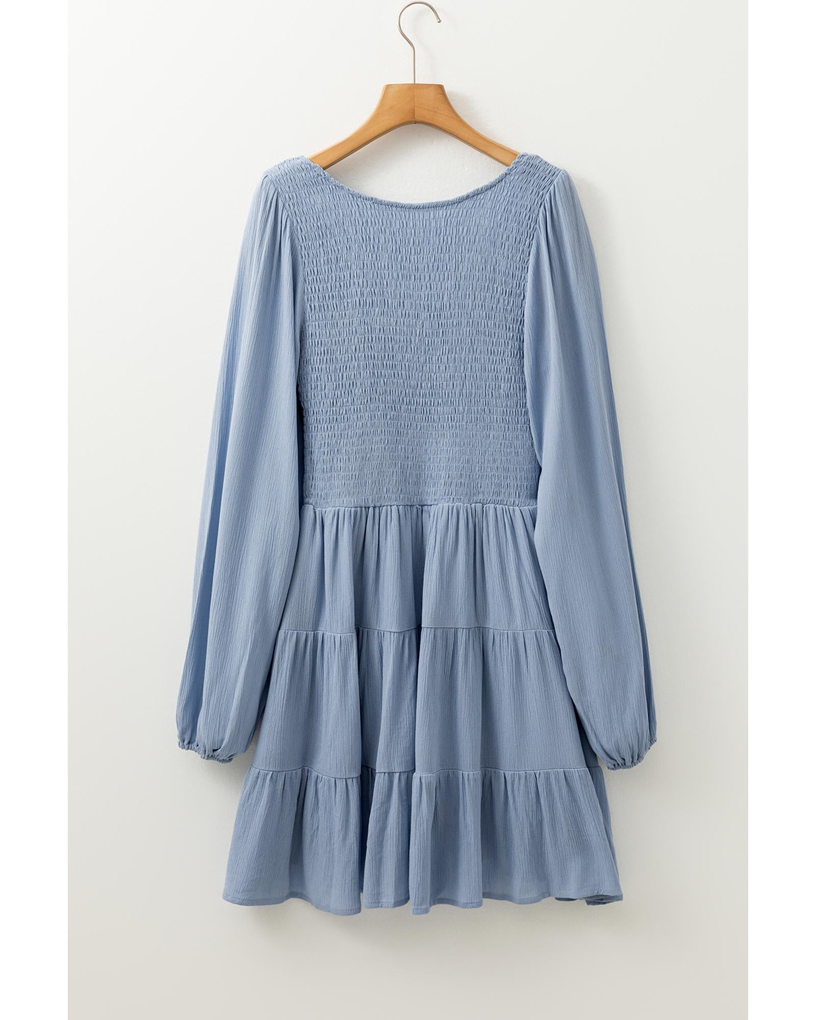 Ashleigh Blue Long Sleeve V Neck Smocked Tiered Mini Dress - L 5