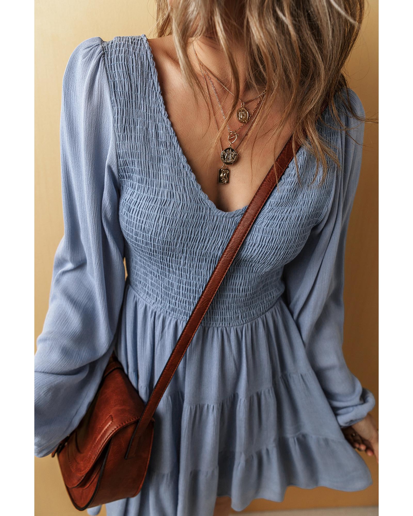 Ashleigh Blue Long Sleeve V Neck Smocked Tiered Mini Dress - M 7