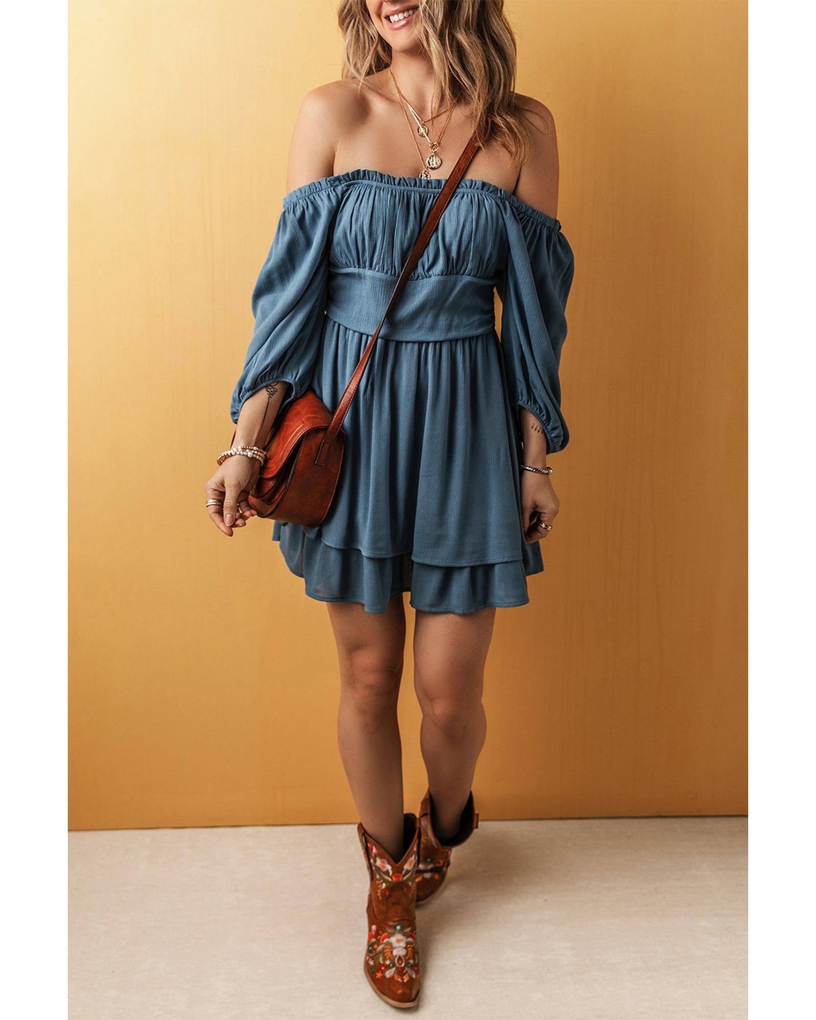 Real Teal Frilled Neckline 3/4 Sleeve Layered Ruched Mini Dress - L