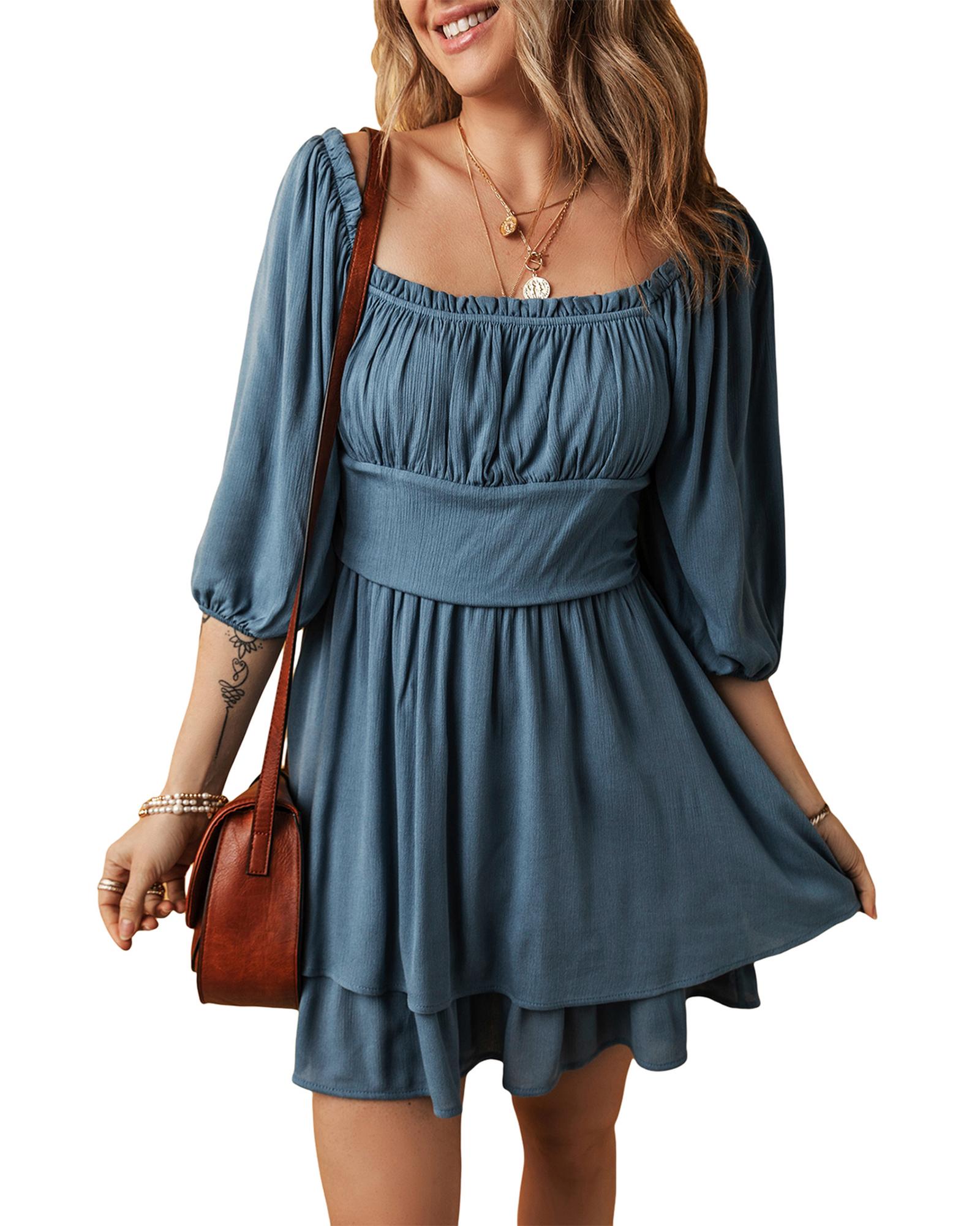Real Teal Frilled Neckline 3/4 Sleeve Layered Ruched Mini Dress - L 3