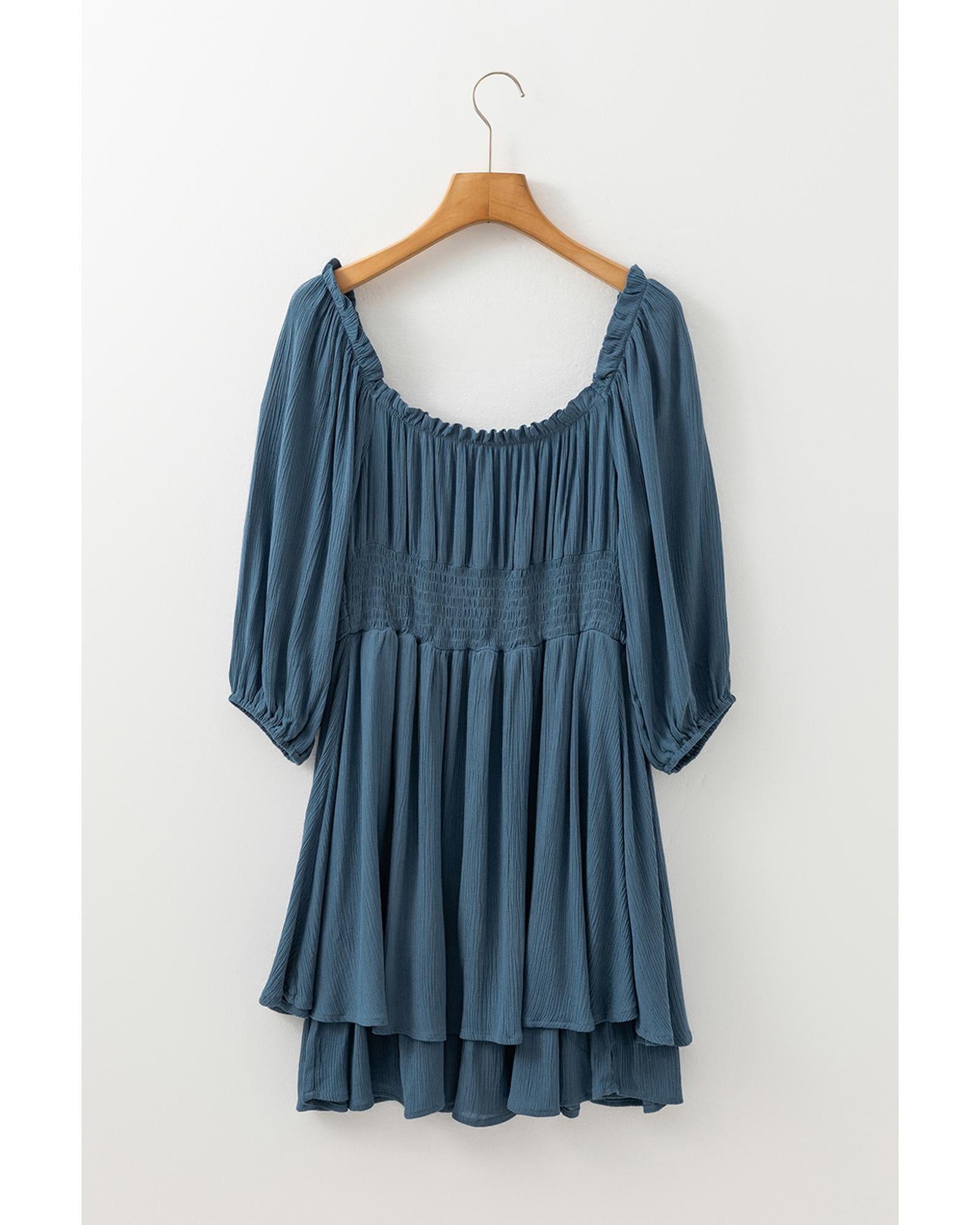 Real Teal Frilled Neckline 3/4 Sleeve Layered Ruched Mini Dress - L 6
