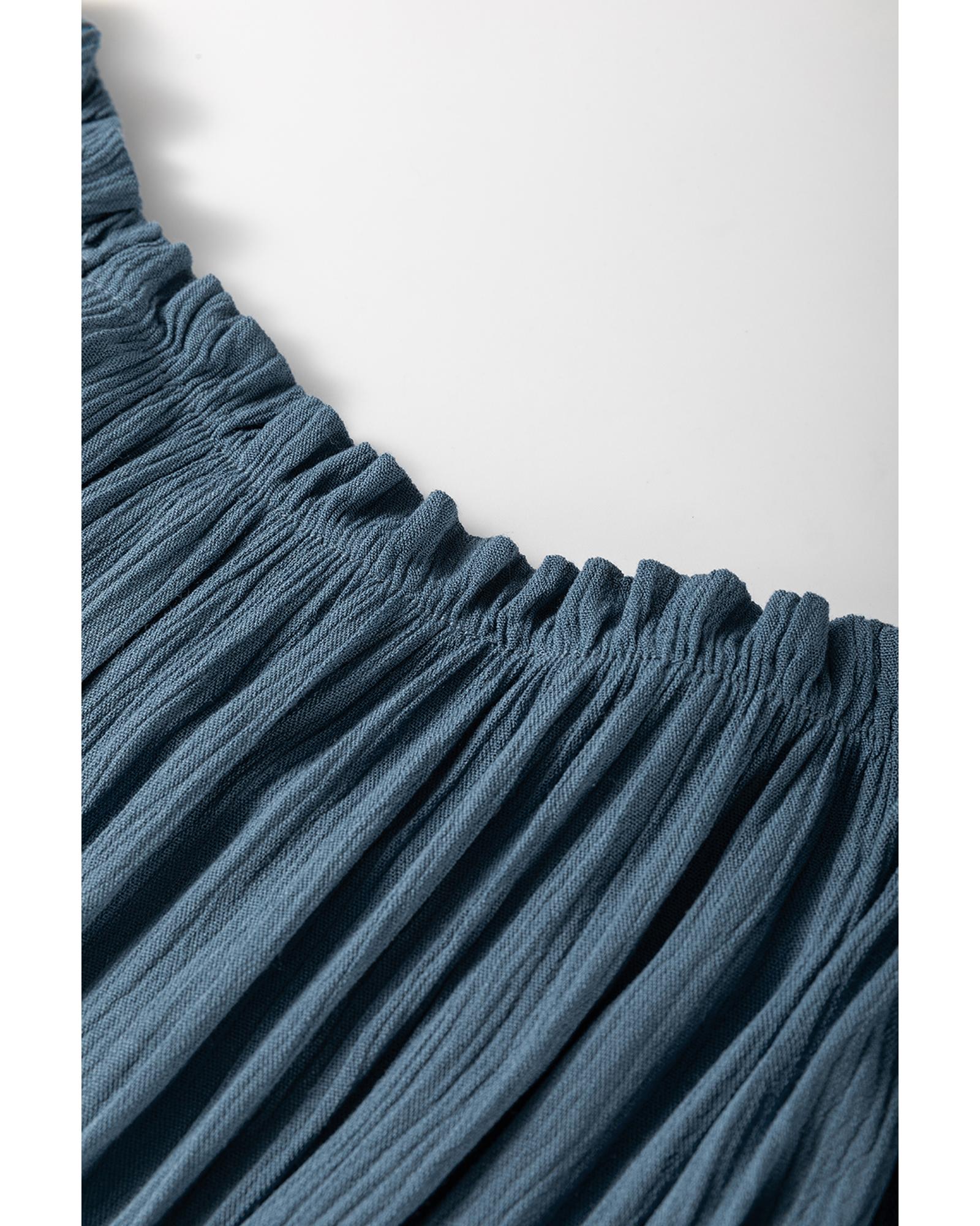 Real Teal Frilled Neckline 3/4 Sleeve Layered Ruched Mini Dress - S