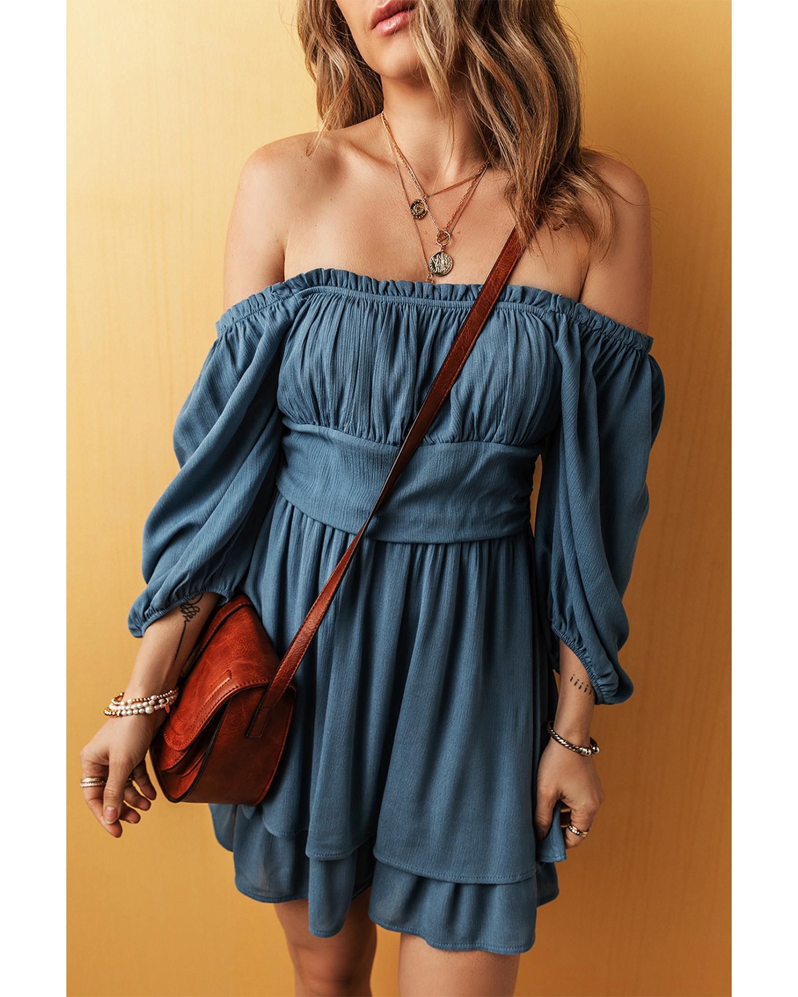 Real Teal Frilled Neckline 3/4 Sleeve Layered Ruched Mini Dress - XL 8