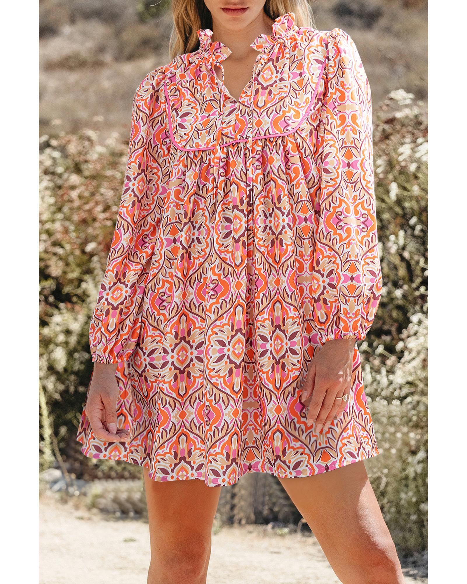 Khaki Abstract Printed Long Sleeve Tied Neckline Mini Dress - L 5