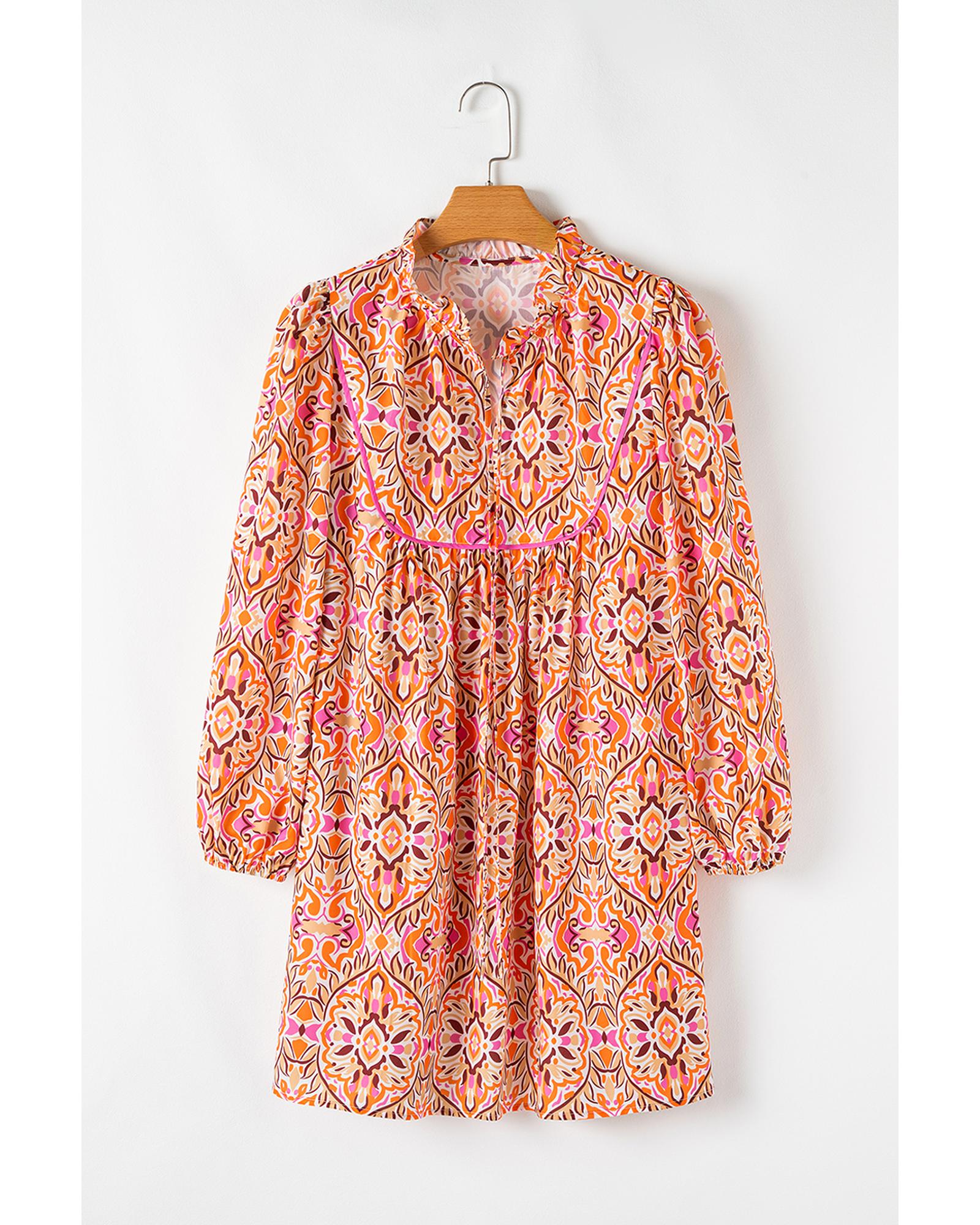 Khaki Abstract Printed Long Sleeve Tied Neckline Mini Dress - L 6