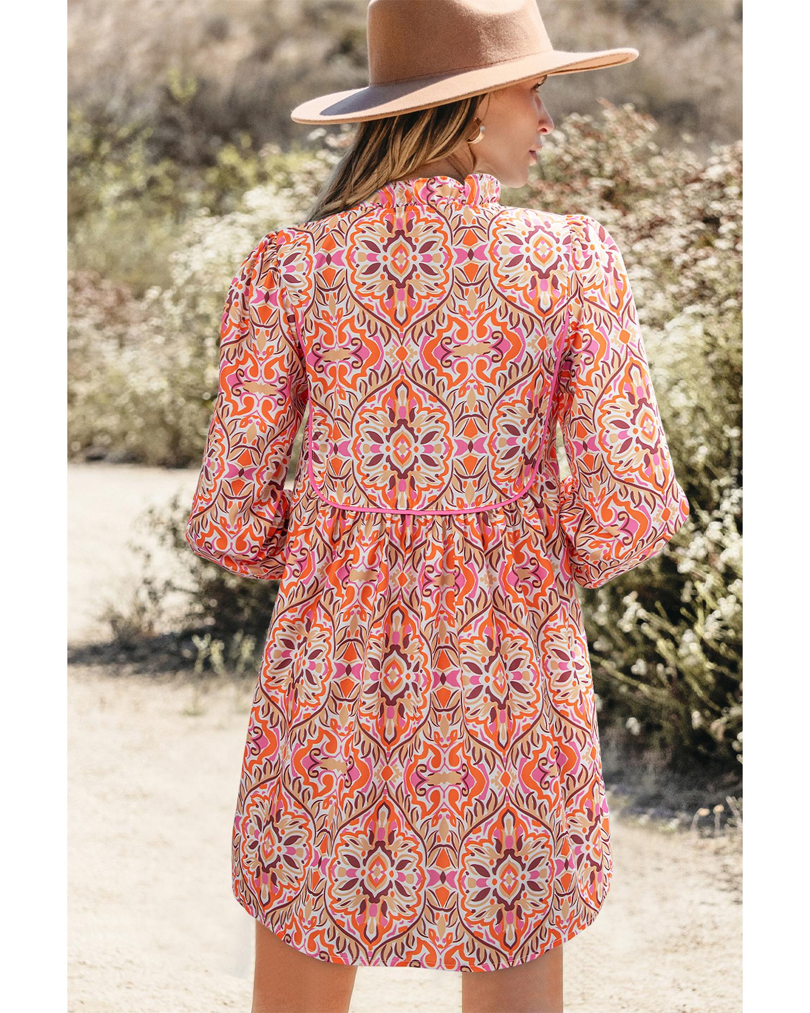 Khaki Abstract Printed Long Sleeve Tied Neckline Mini Dress - L 7