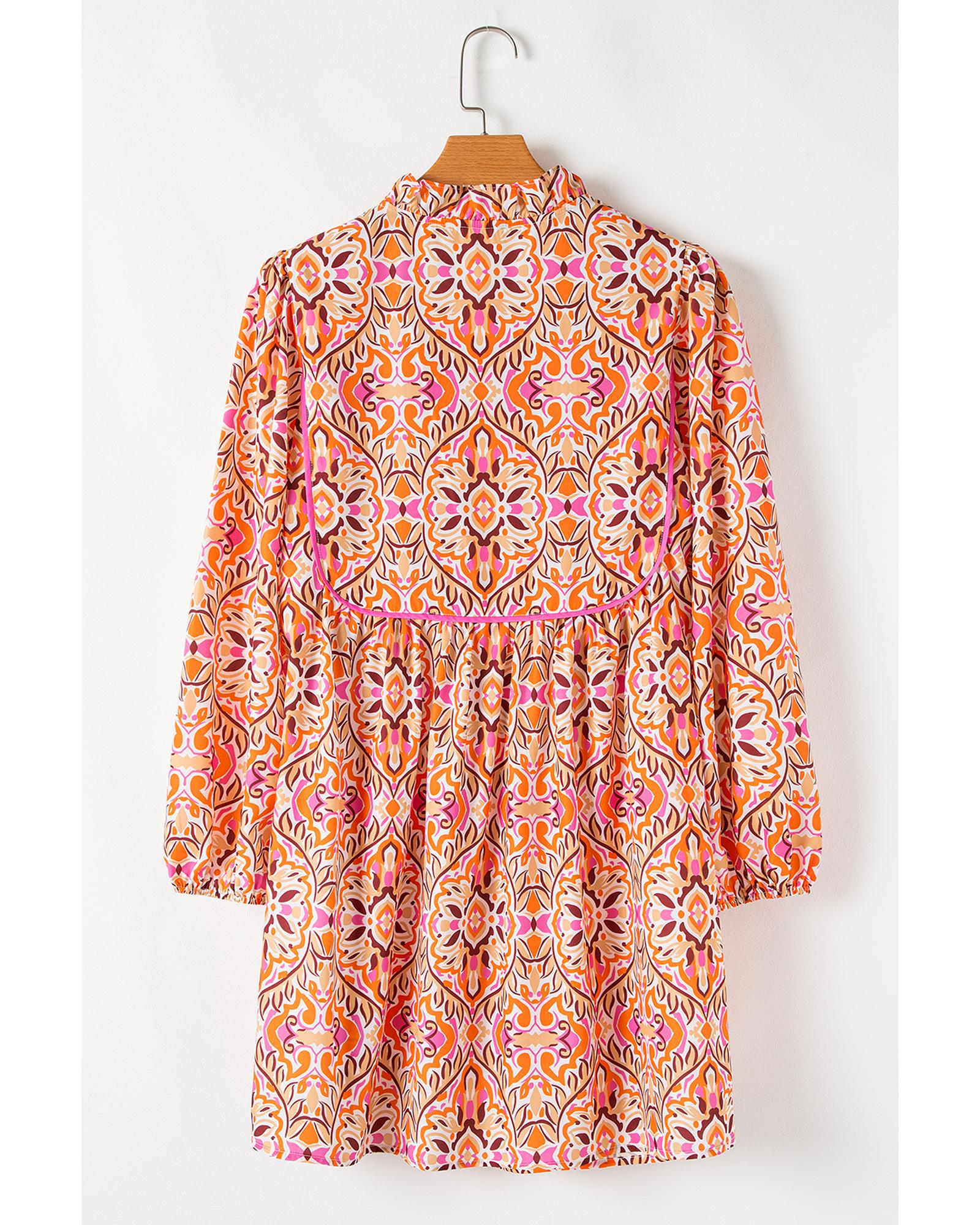 Khaki Abstract Printed Long Sleeve Tied Neckline Mini Dress - XL