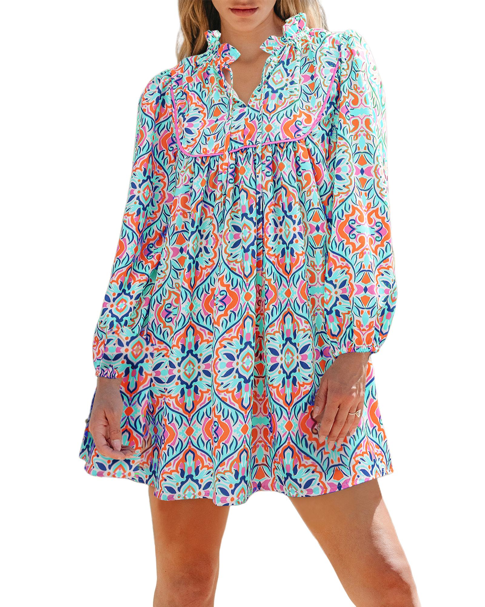 Sky Blue Abstract Printed Long Sleeve Tied Neckline Mini Dress - L 3