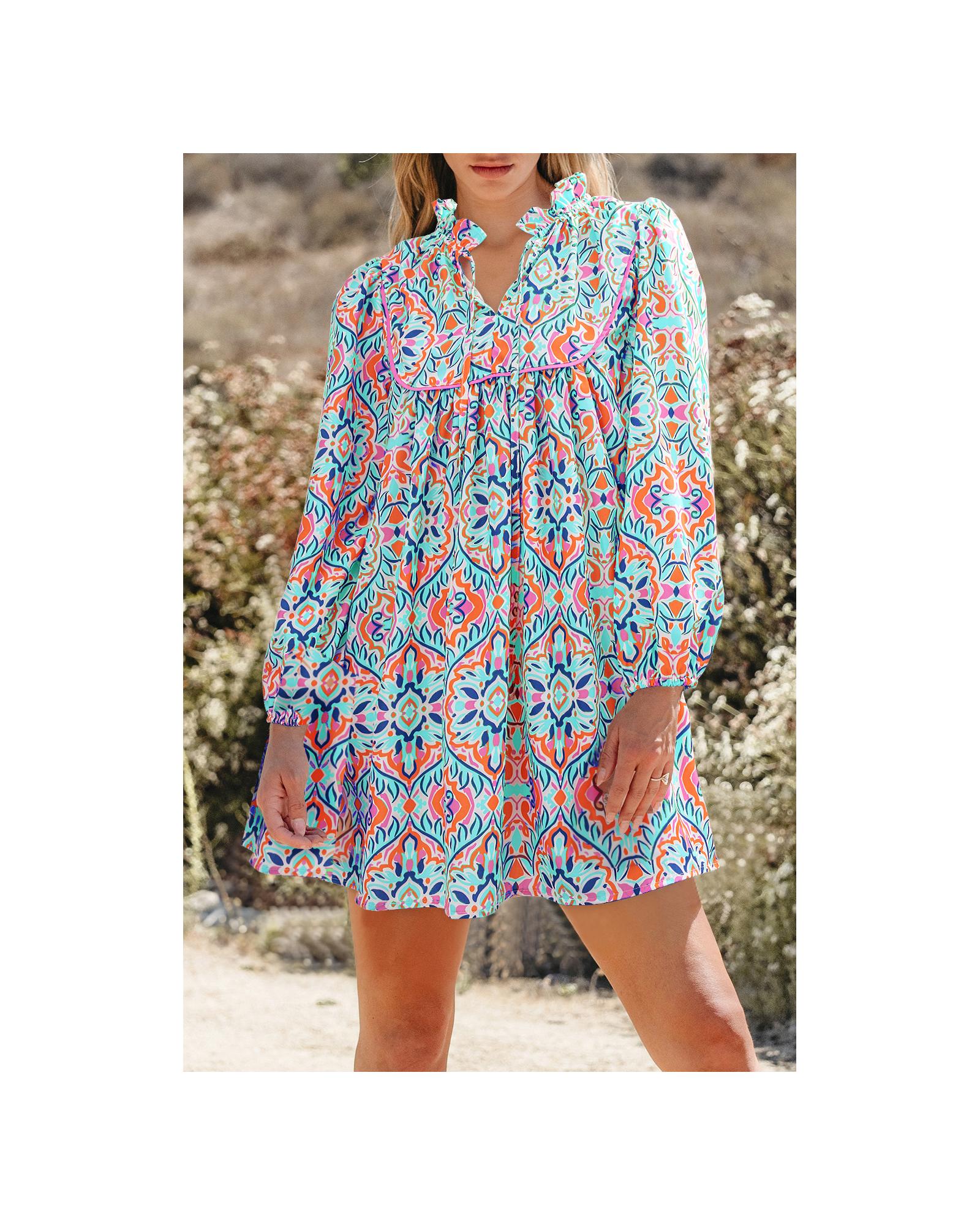 Sky Blue Abstract Printed Long Sleeve Tied Neckline Mini Dress - M