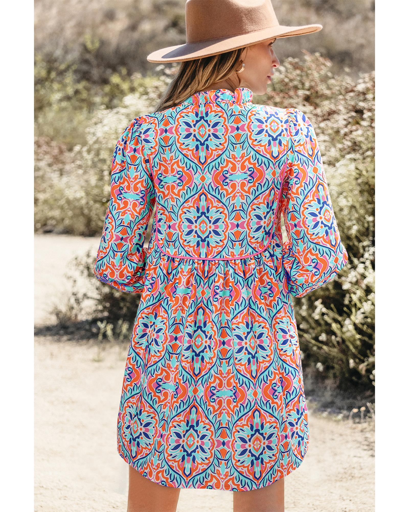 Sky Blue Abstract Printed Long Sleeve Tied Neckline Mini Dress - M