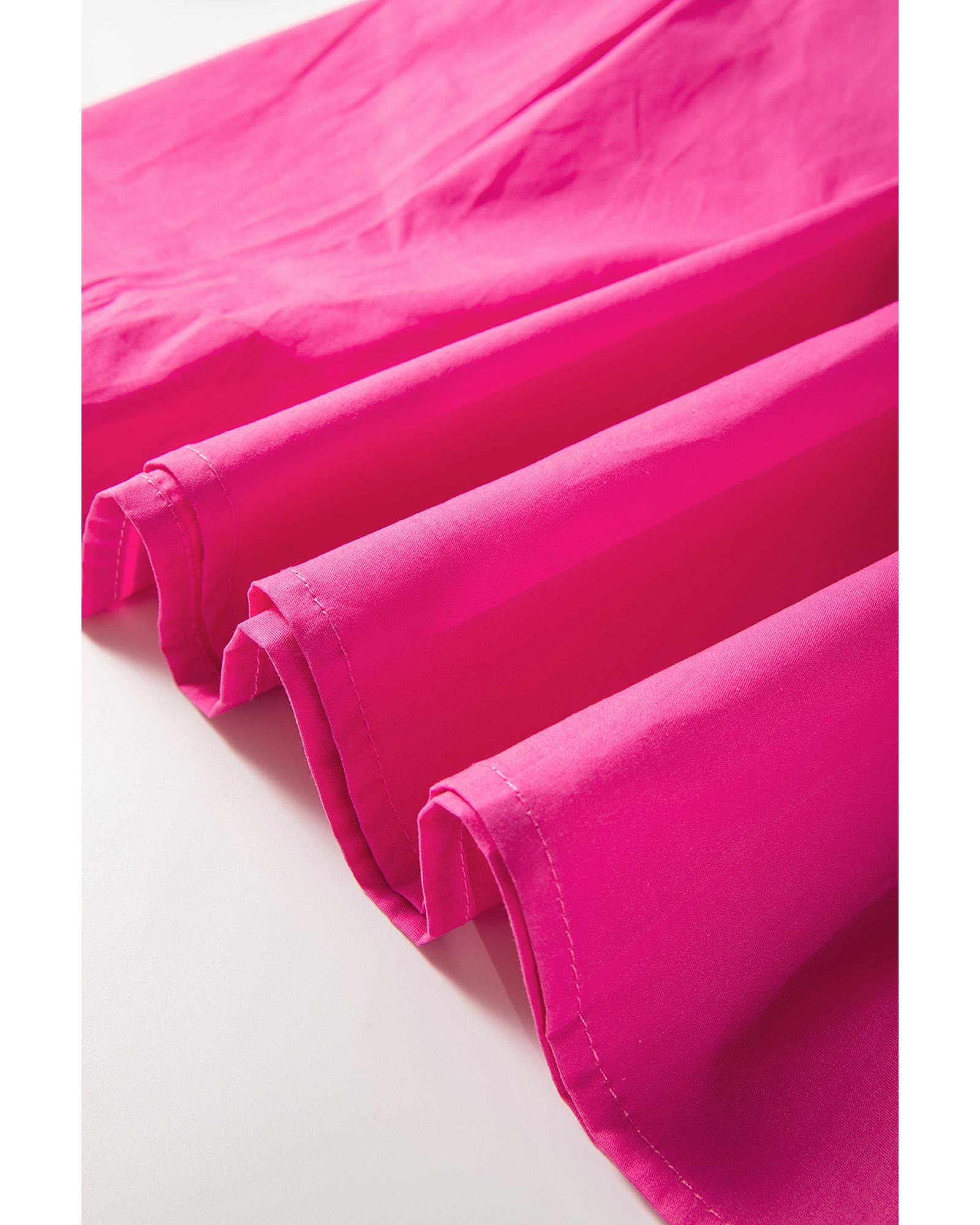 Bright Pink Solid Color Puff Sleeve Tie Front High Waist Mini Dress - L 4
