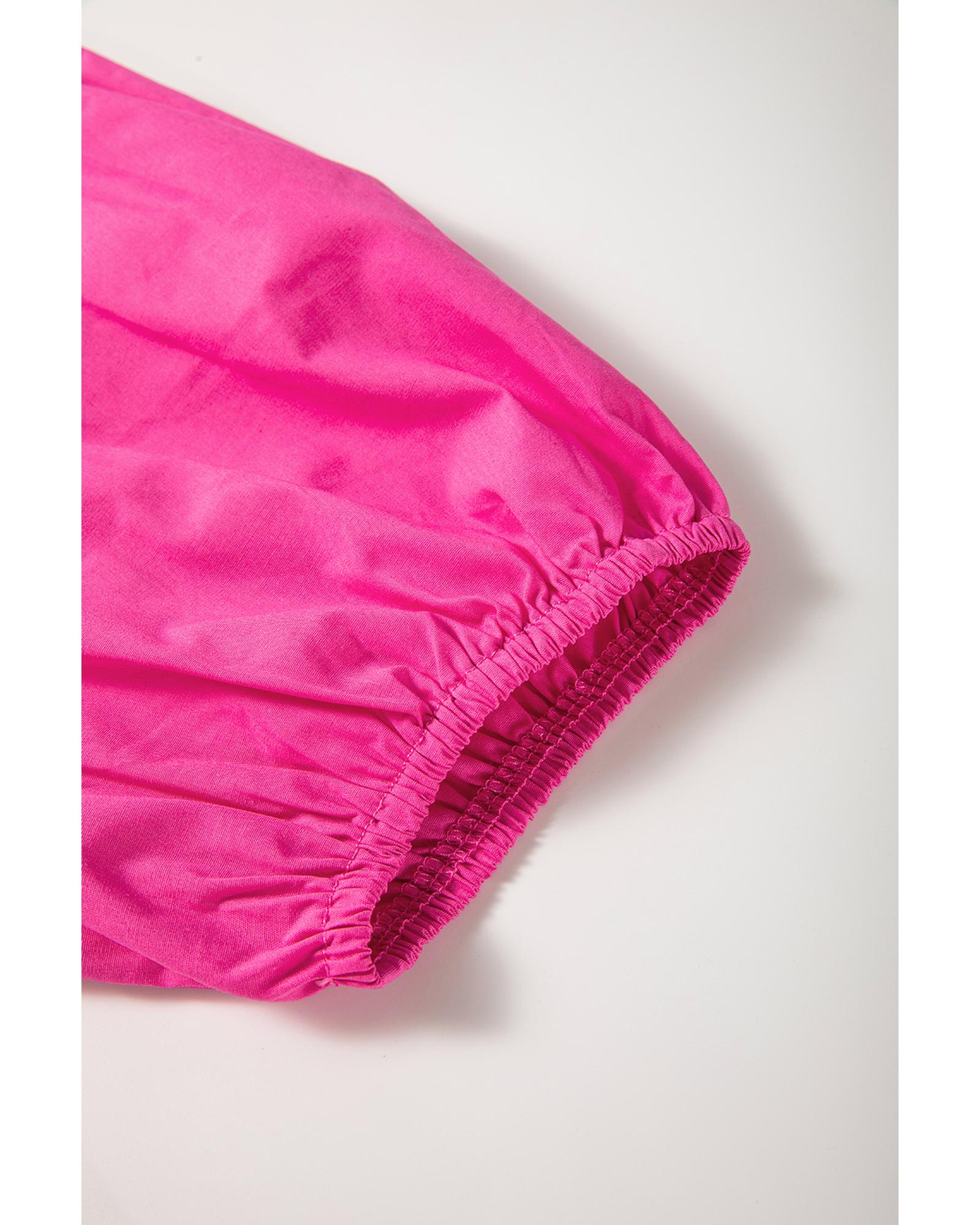 Bright Pink Solid Color Puff Sleeve Tie Front High Waist Mini Dress - L 6