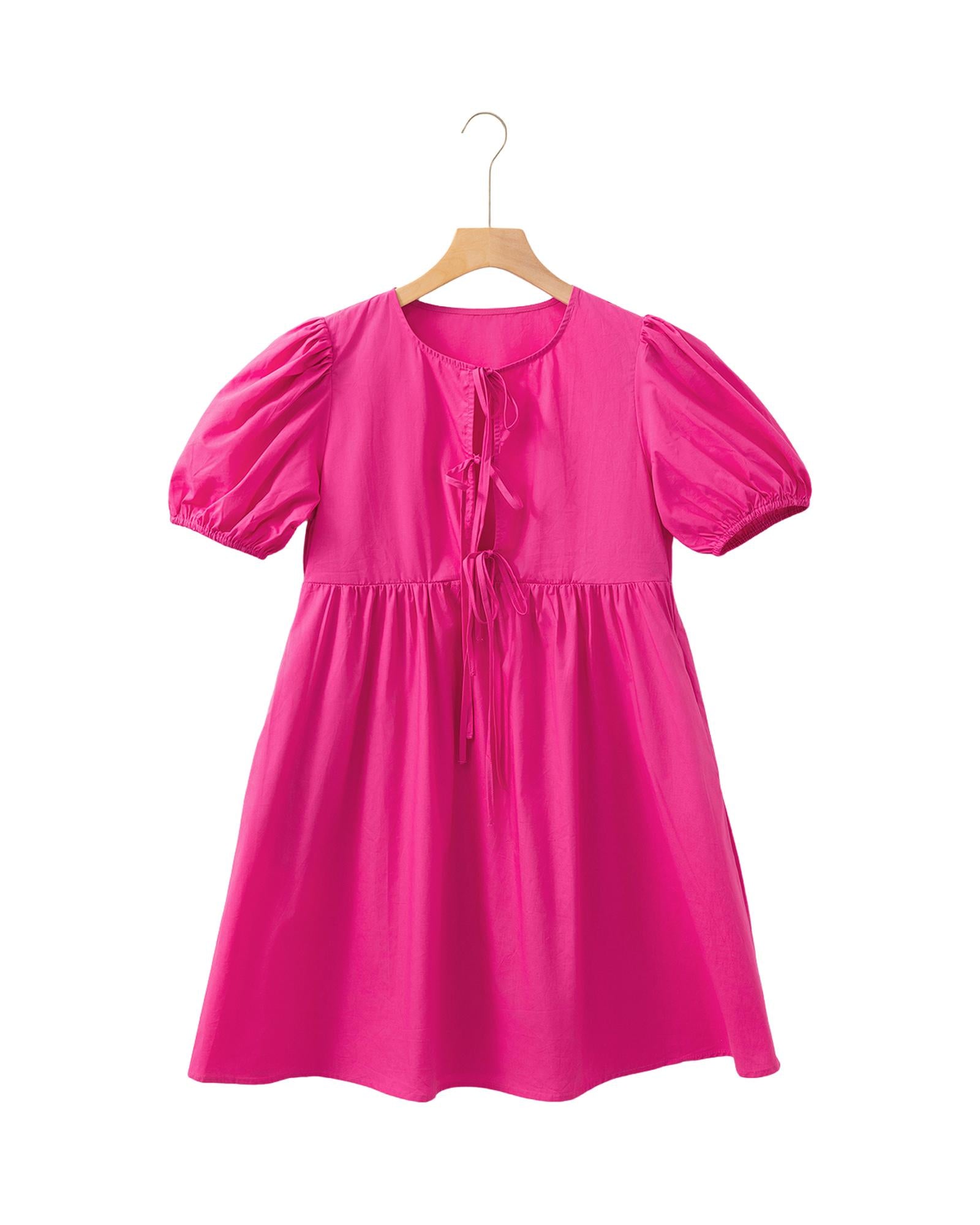 Bright Pink Solid Color Puff Sleeve Tie Front High Waist Mini Dress - M 5