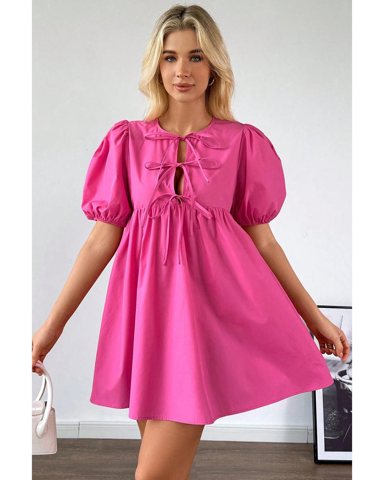 Bright Pink Solid Color Puff Sleeve Tie Front High Waist Mini Dress - M 7