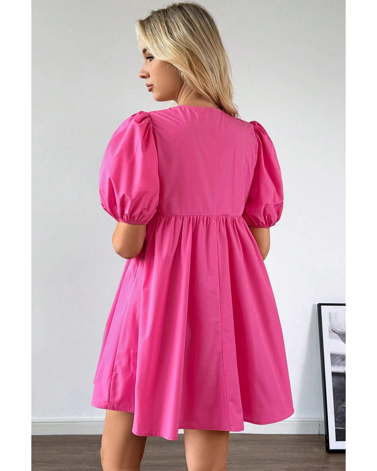 Bright Pink Solid Color Puff Sleeve Tie Front High Waist Mini Dress - M 8