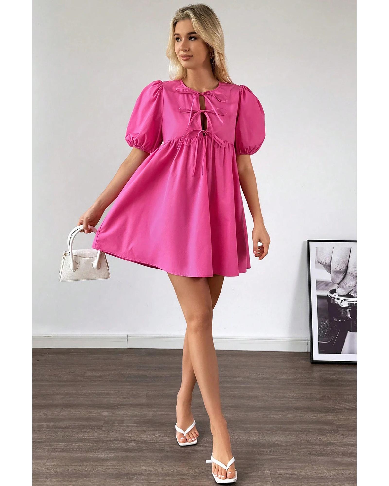 Bright Pink Solid Color Puff Sleeve Tie Front High Waist Mini Dress - S