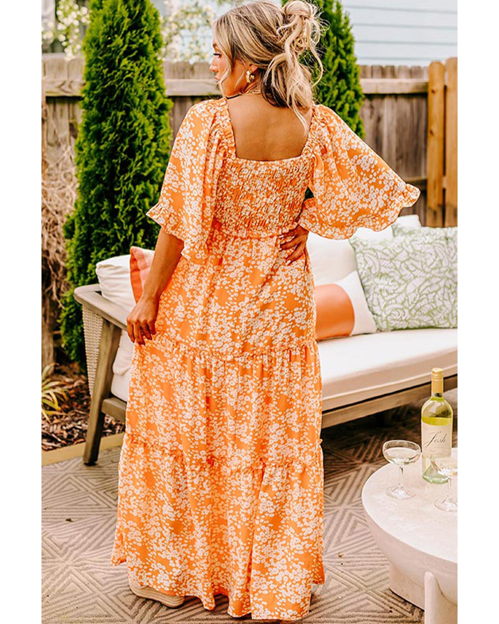 Orange Floral Print Smocked V Neck Wide Sleeve Maxi Dress - L 4