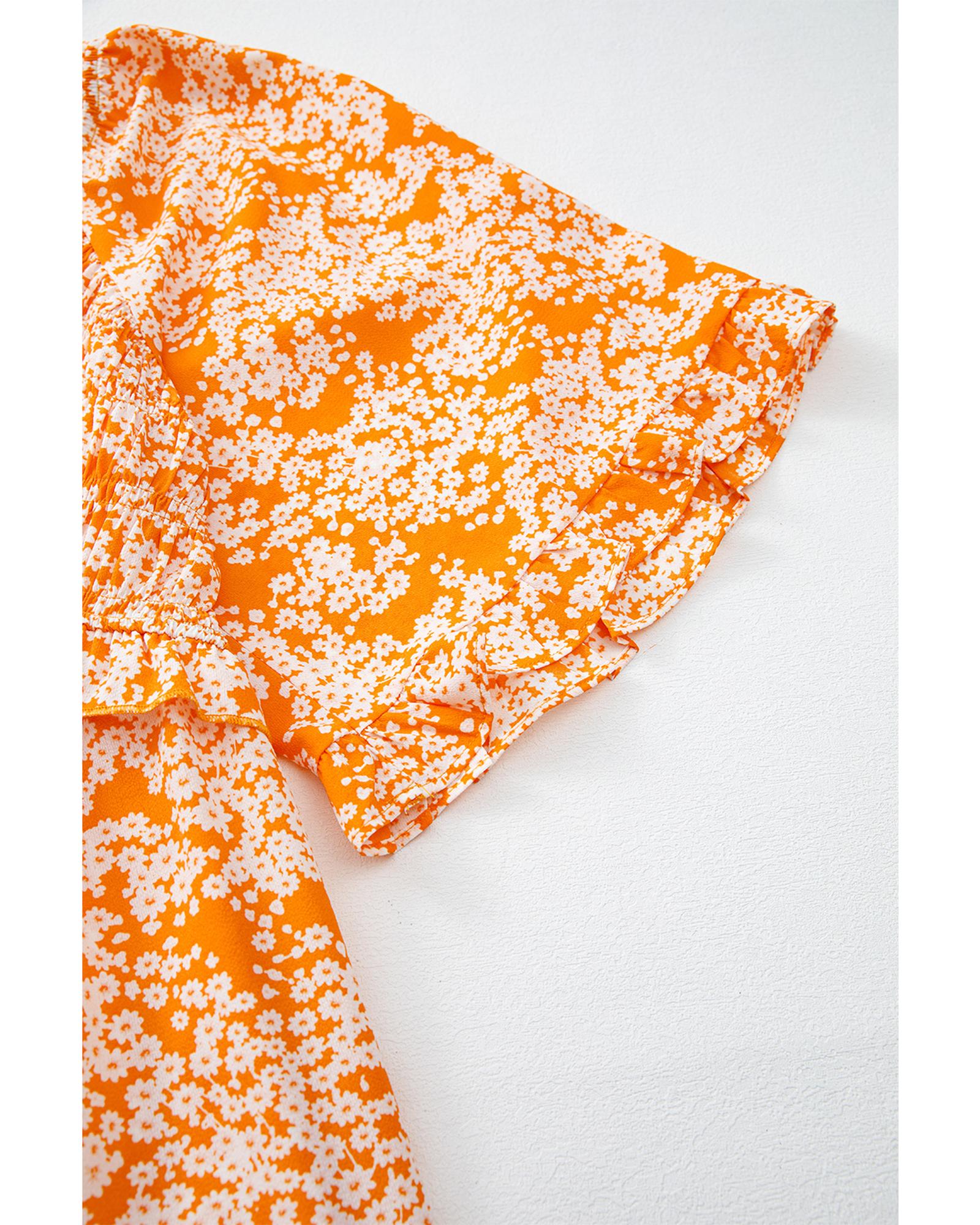 Orange Floral Print Smocked V Neck Wide Sleeve Maxi Dress - L 6