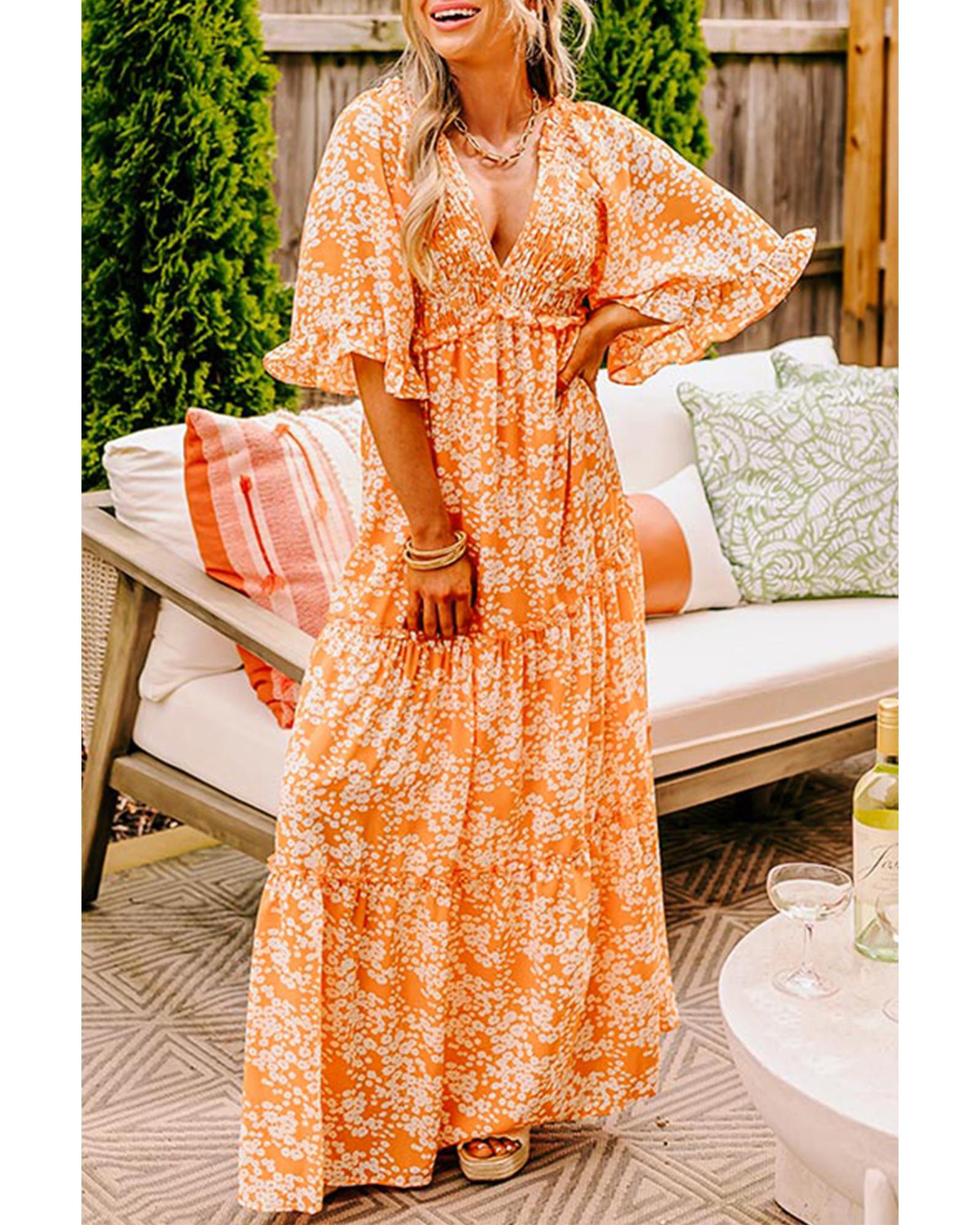 Orange Floral Print Smocked V Neck Wide Sleeve Maxi Dress - M