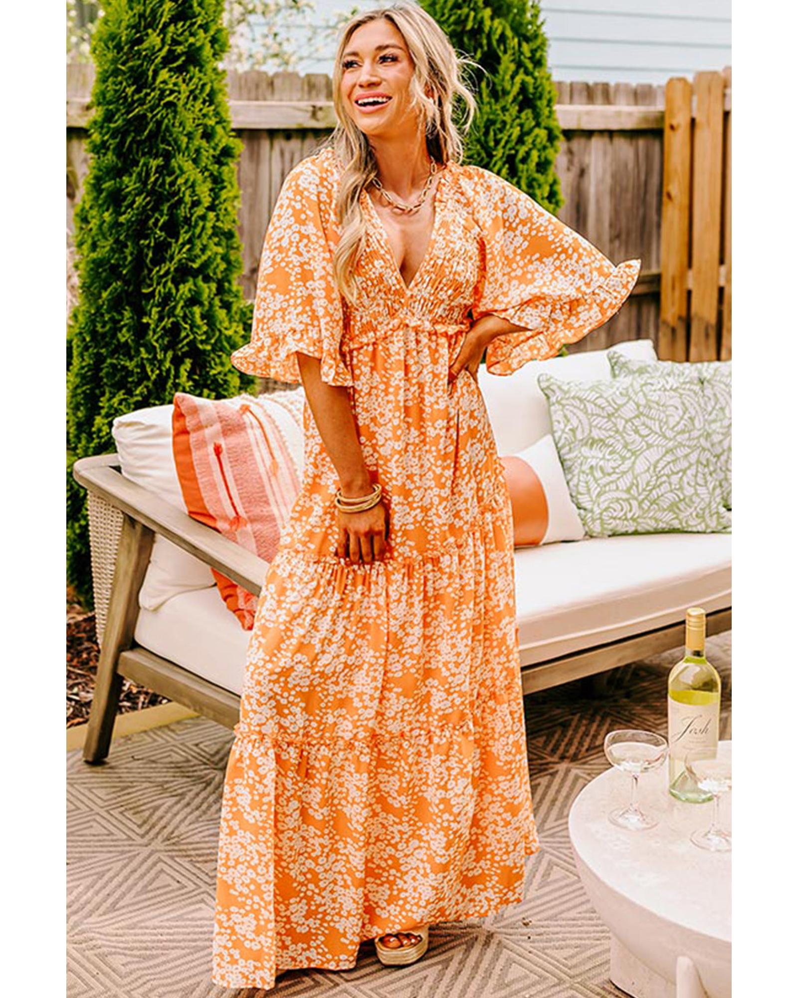 Orange Floral Print Smocked V Neck Wide Sleeve Maxi Dress - S
