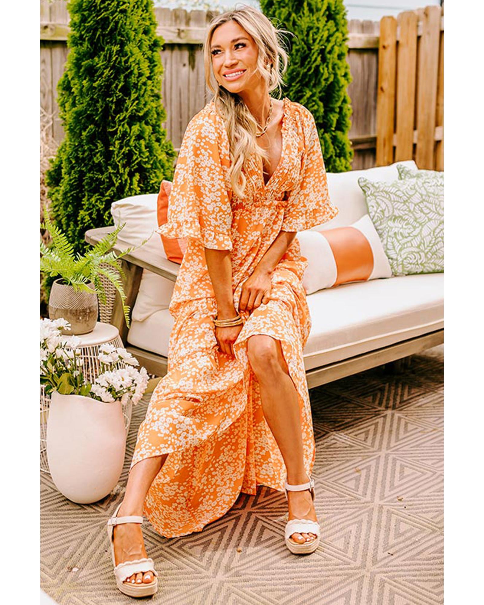 Orange Floral Print Smocked V Neck Wide Sleeve Maxi Dress - S 6
